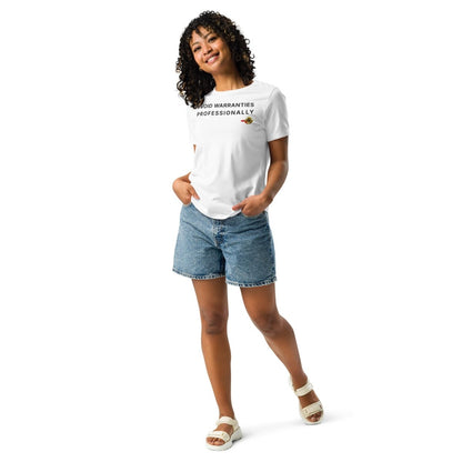 Full view of women's white tee featuring "I Void Warranties Professionally" text for R&D engineers