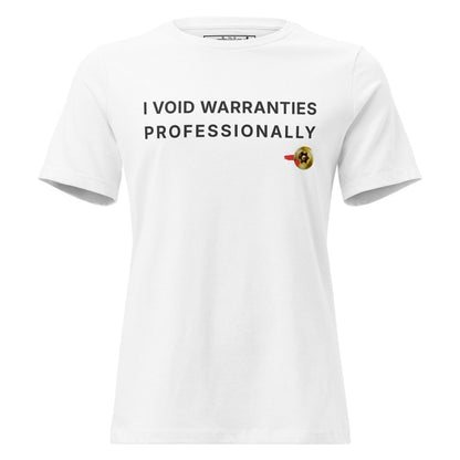 Women's black t-shirt featuring "I Void Warranties Professionally" text for R&D engineers.