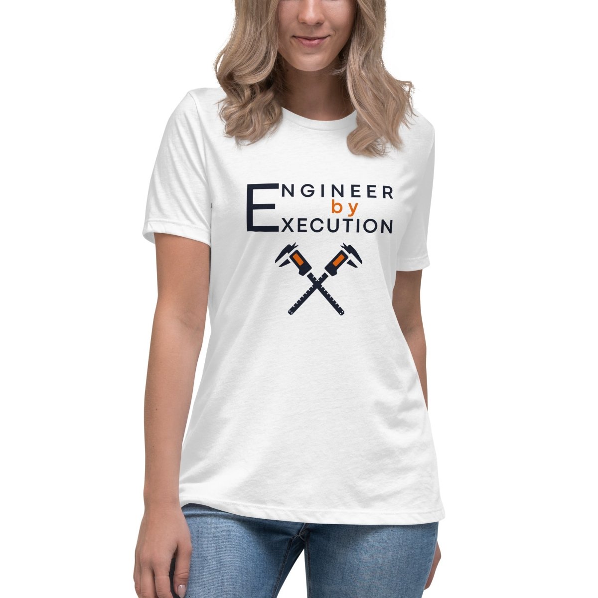 Woman in white Combed ring-spun cotton tee with “Engineer by Execution” text with crossed calipers.