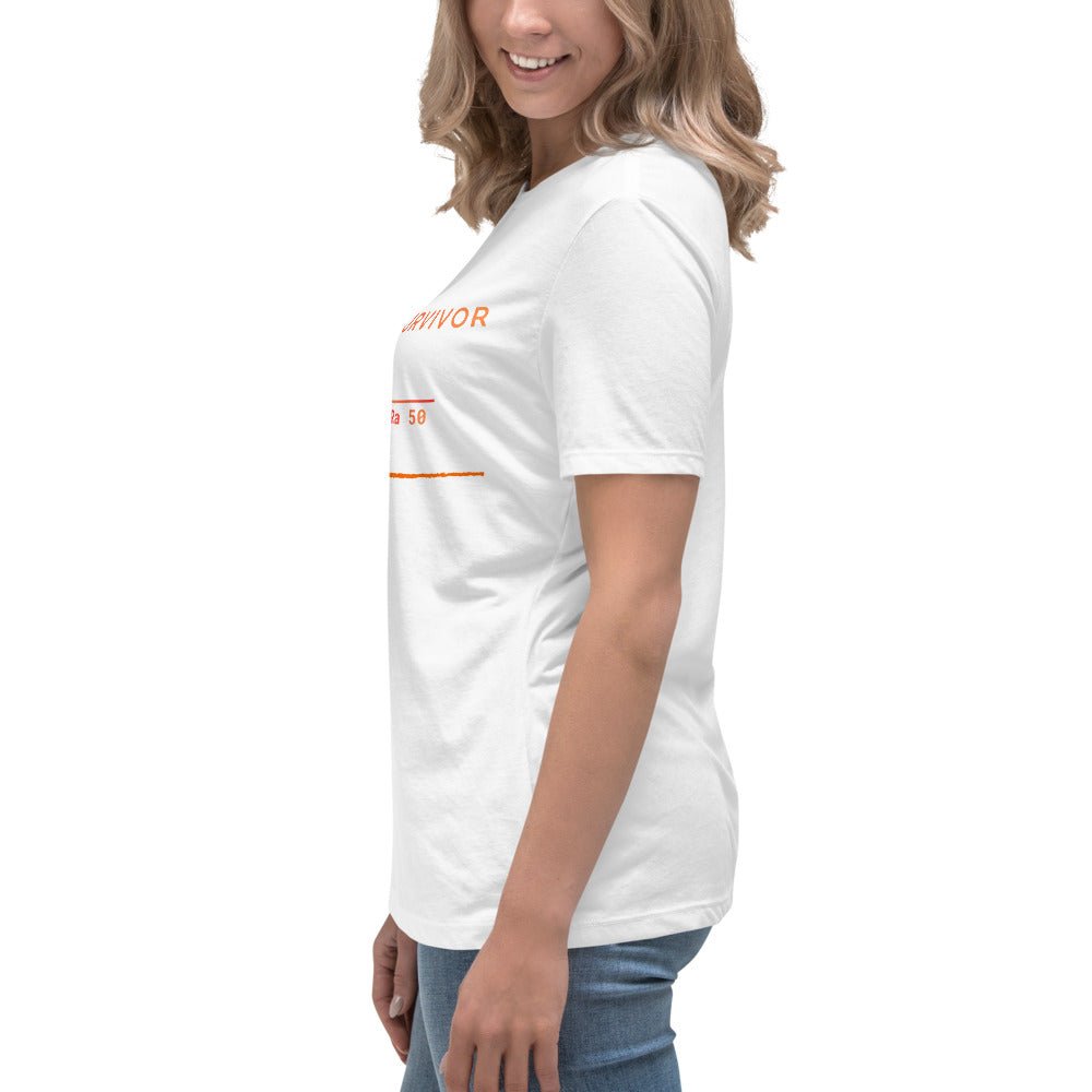 Side view of women's white t-shirt featuring "As-Cast Survivor" text & Ra50 roughness symbol