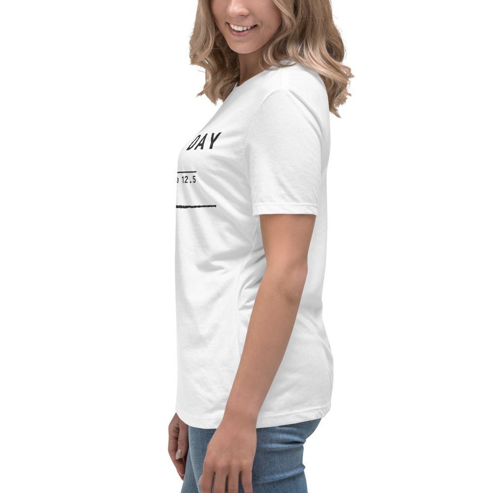 Women's cut, side view, white t-shirt featuring "Rough Day" text and an Ra 12.5 surface finish symbol.