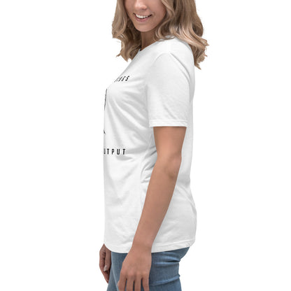 Women's cut, side view, white t-shirt with wireframe head and "Zero Meetings Maximum Output" productivity text.