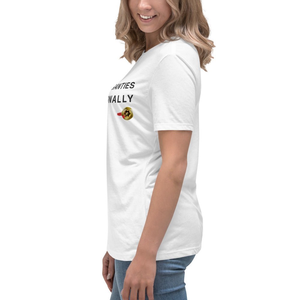 Side view of women's white t-shirt featuring I Void Warranties Professionally text for R&D engineers
