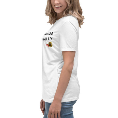 Side view of women's white t-shirt featuring I Void Warranties Professionally text for R&D engineers