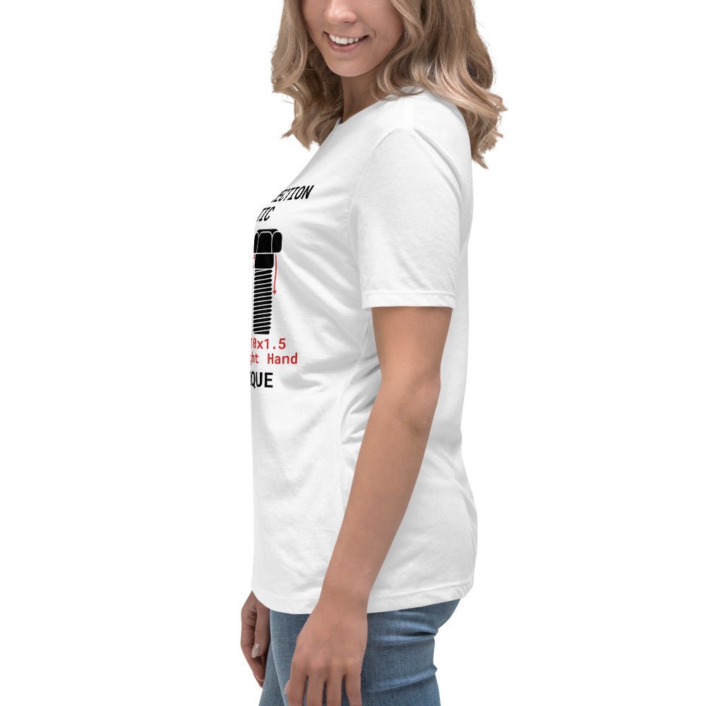 Side view of women's white t-shirt "Thread Direction Agnostic" LH vs RH bolts, same torque.