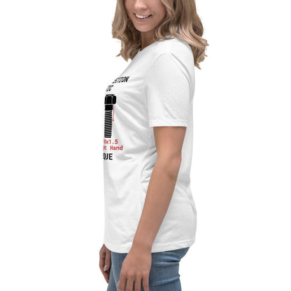 Side view of women's white t-shirt "Thread Direction Agnostic" LH vs RH bolts, same torque.