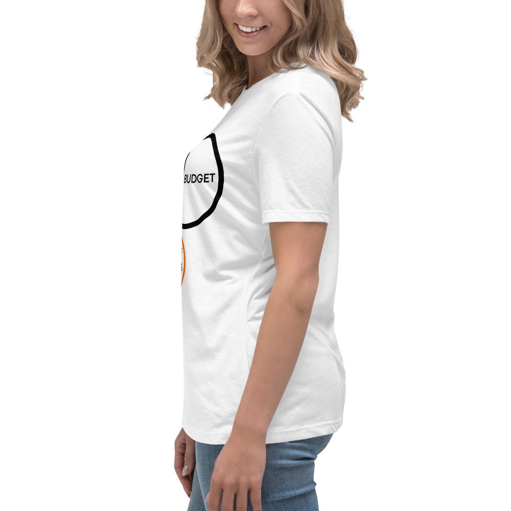 Side view of Women's white tee featuring a PM Venn diagram about technical debt and physics.