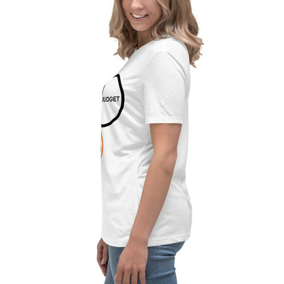 Side view of Women's white tee featuring a PM Venn diagram about technical debt and physics.