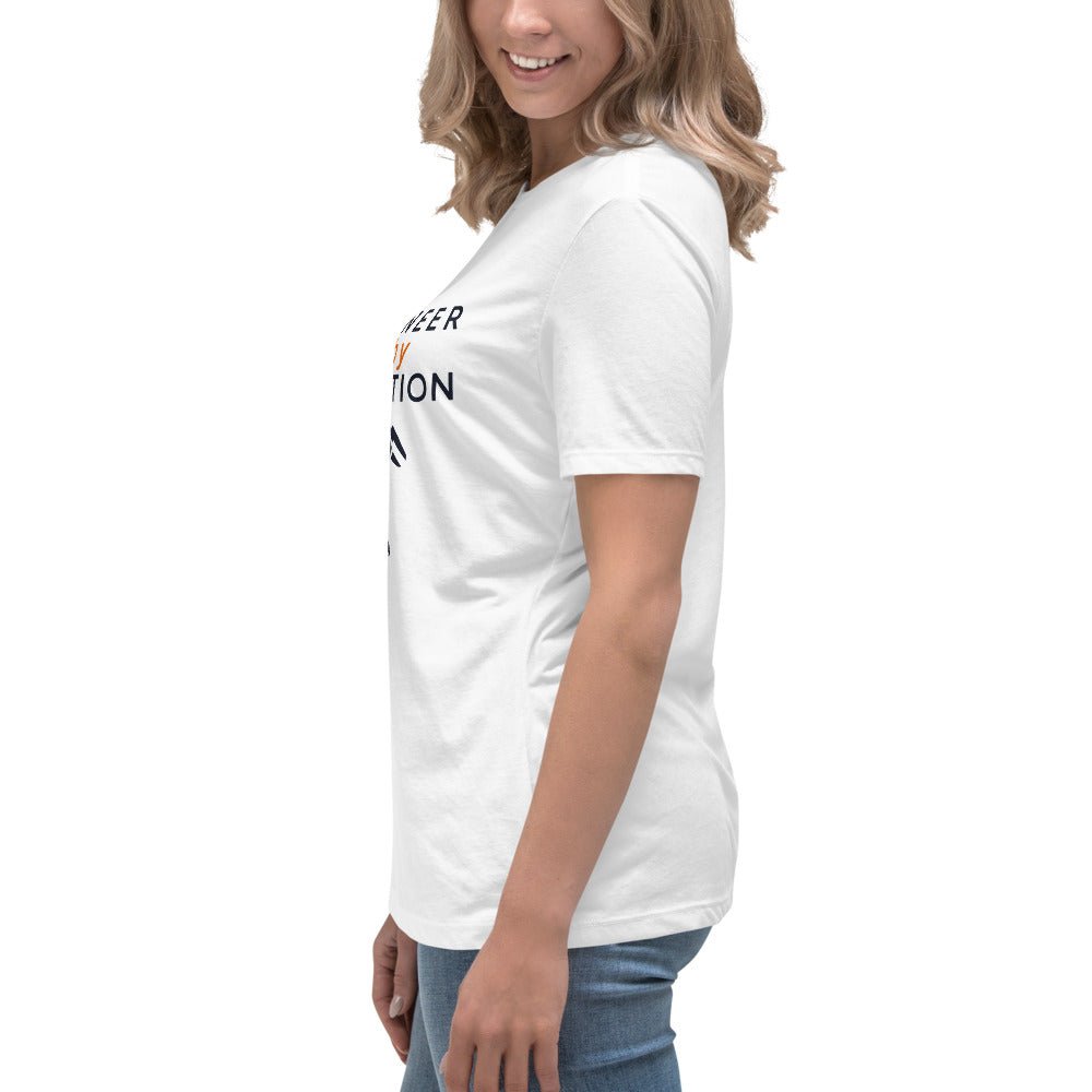 Side view of a woman in white premium cotton tee with “Engineer by Execution” text and calipers.