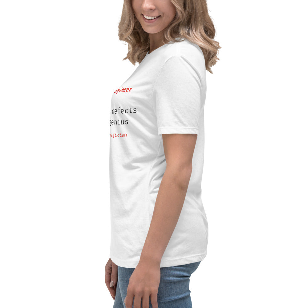Women's cut, side view of white t-shirt with "Mechanical Engineer. Solves stealth defects with silent genius.
