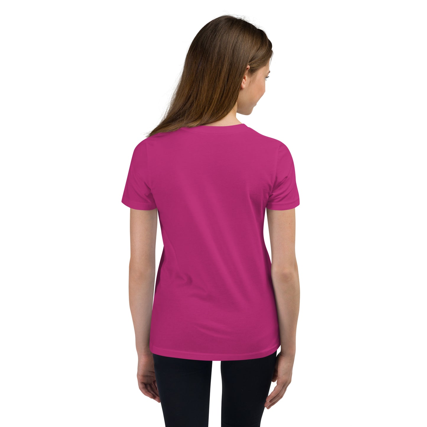 Product mockup. A girl shown from behind wearing a plain pink, short-sleeve, fitted t-shirt and black leggings. Her straight brown hair falls over her shoulders, and the back of the shirt has no visible design or graphics.