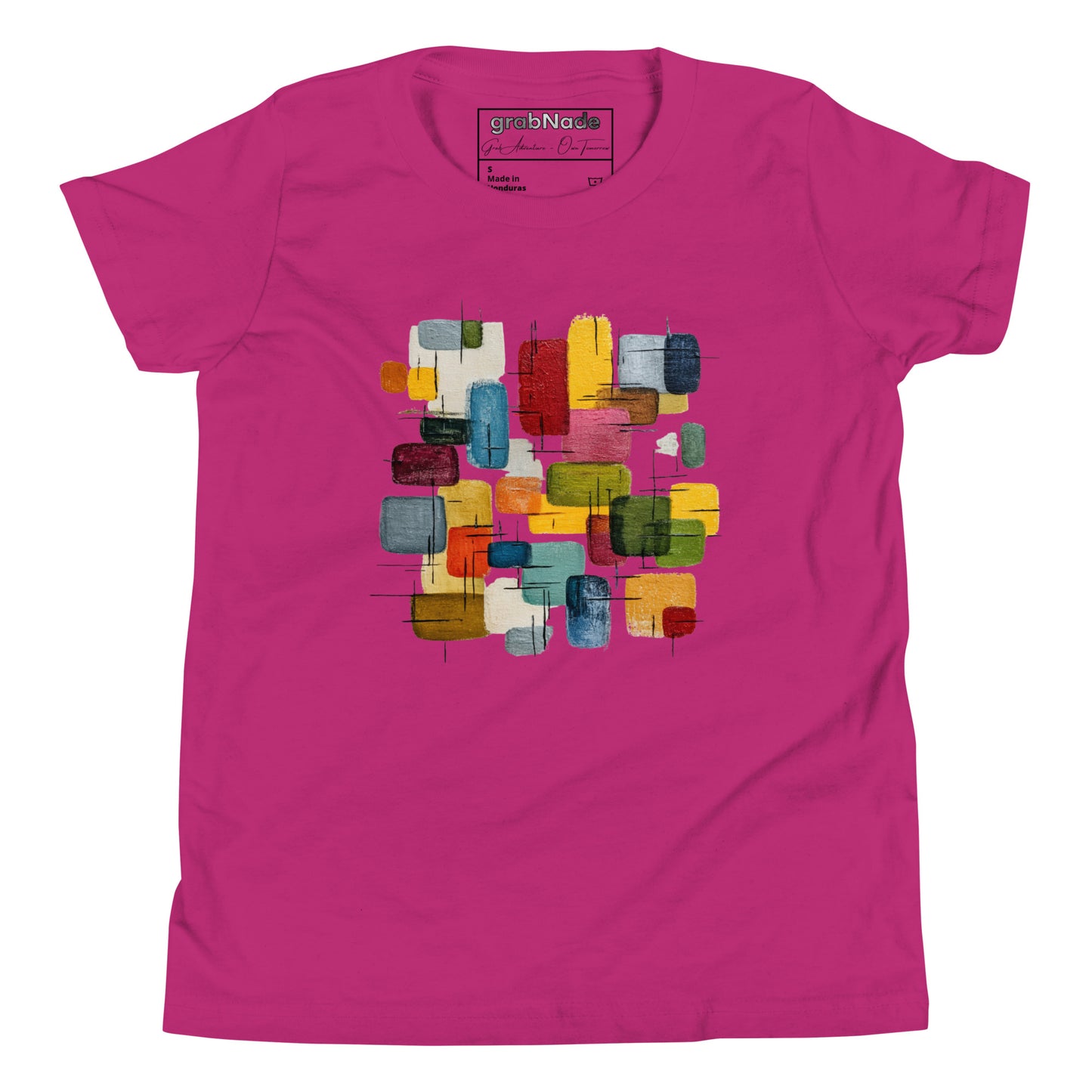 Product mockup. A layed out pink, short-sleeve t-shirt with a large, colorful abstract design on the front. The design features overlapping rounded rectangles in red, yellow, teal, blue, green, and orange, with fine black sketch lines, creating a playful and modern look. She is also wearing black leggings.