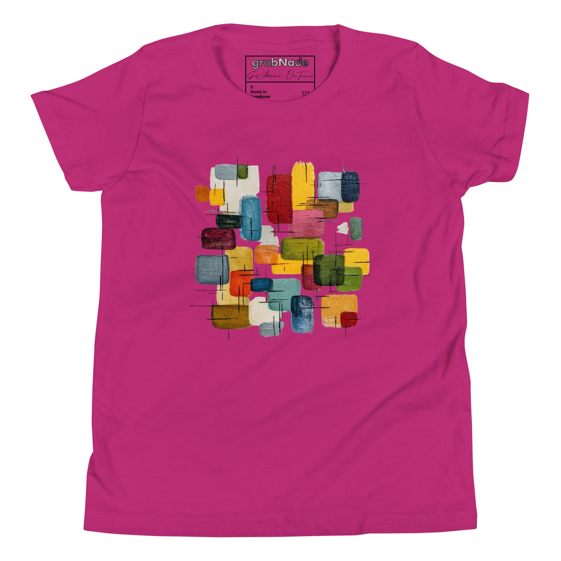Product mockup. A layed out pink, short-sleeve t-shirt with a large, colorful abstract design on the front. The design features overlapping rounded rectangles in red, yellow, teal, blue, green, and orange, with fine black sketch lines, creating a playful and modern look. She is also wearing black leggings.