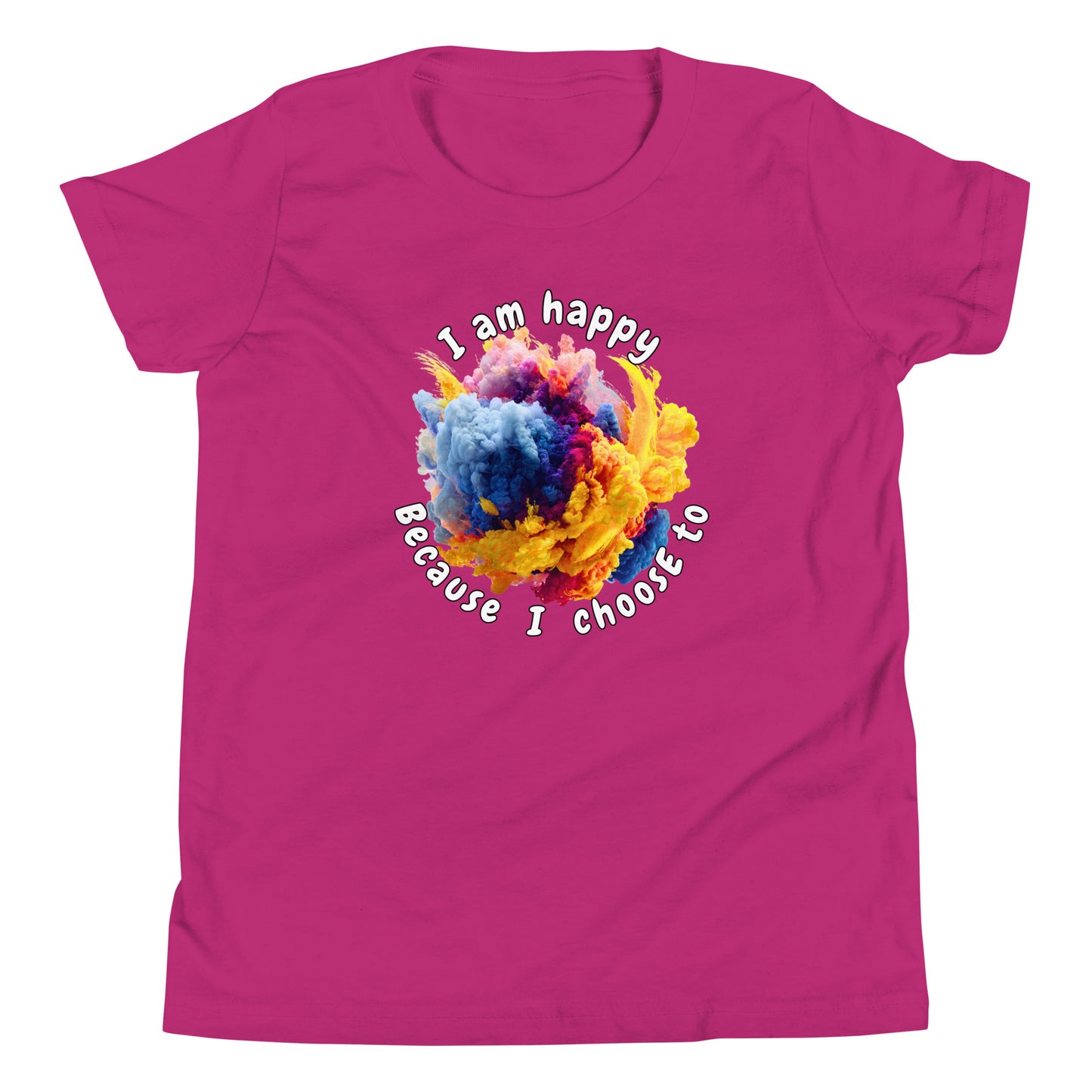 Product mockup. A pink t-shirt featuring a vibrant circular burst of colorful smoke in shades of blue, purple, pink, and yellow at the center. Surrounding the smoke design is curved text that reads, 'I am happy Because I choose to,' in a playful, rounded font.