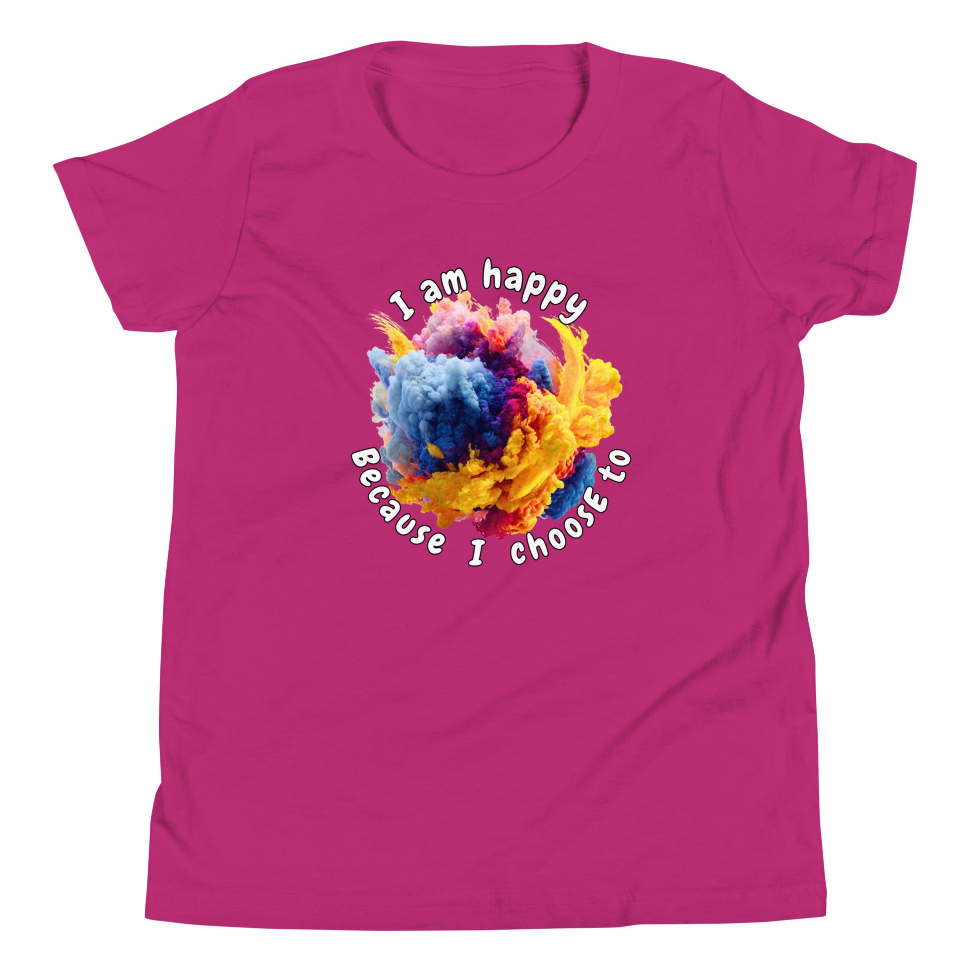 Product mockup. A pink t-shirt featuring a vibrant circular burst of colorful smoke in shades of blue, purple, pink, and yellow at the center. Surrounding the smoke design is curved text that reads, 'I am happy Because I choose to,' in a playful, rounded font.