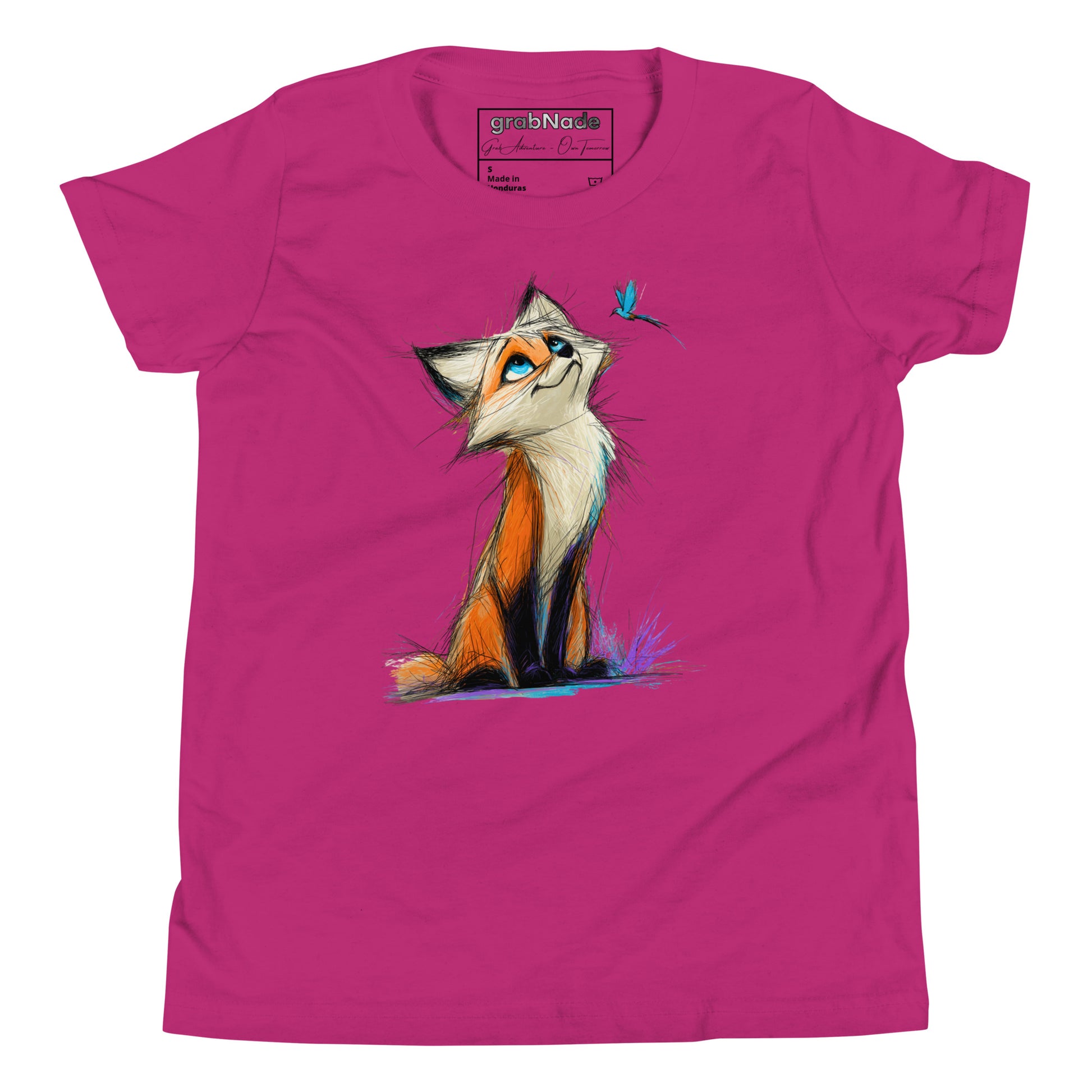 Product mockup. A pink t-shirt featuring a lively, sketch-style illustration of a bright-eyed fox with rich orange and white fur, gazing upward with curiosity at a small blue butterfly hovering above its nose. The scene is set against a plain background, highlighting the whimsical and gentle interaction between the two characters.