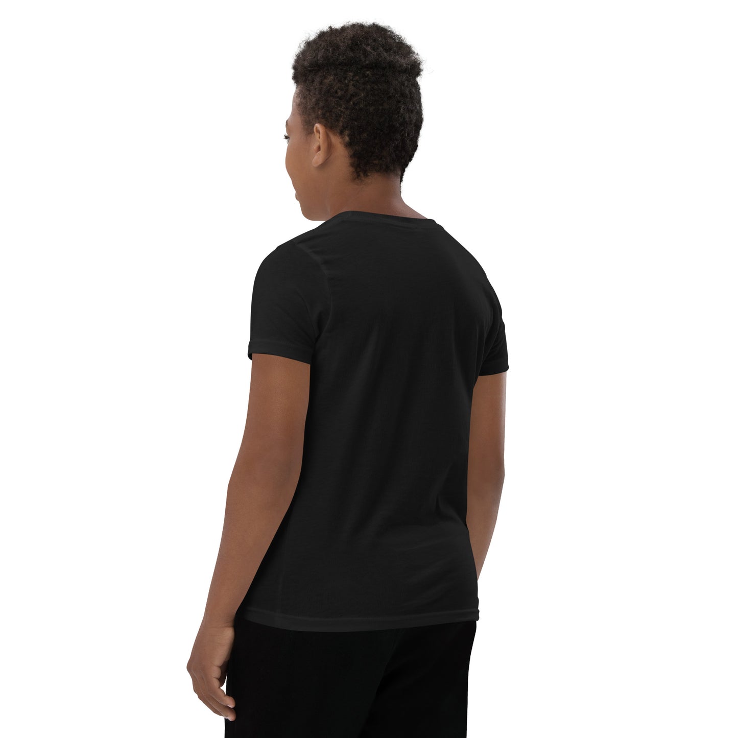 Product mockup. A boy shown from behind wearing a plain black, short-sleeve t-shirt and black pants. His curly hair is closely cropped, and the back of the shirt is blank with no visible design or graphics.