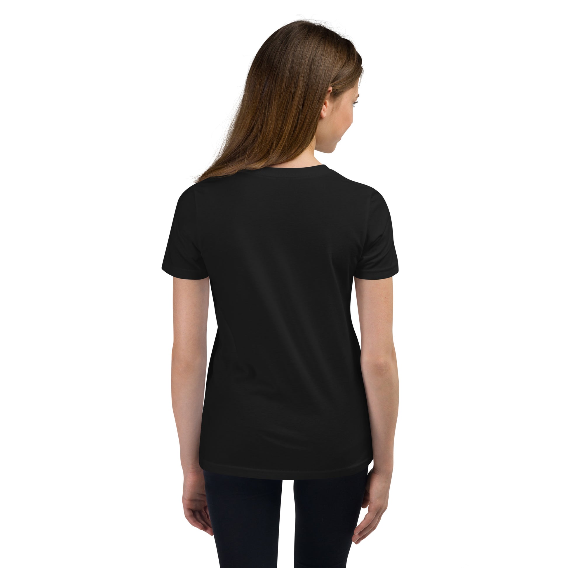 Product mockup. A girl shown from behind wearing a plain black, short-sleeve, fitted t-shirt and black leggings. Her straight brown hair falls over her shoulders, and the back of the shirt has no visible design or graphics.
