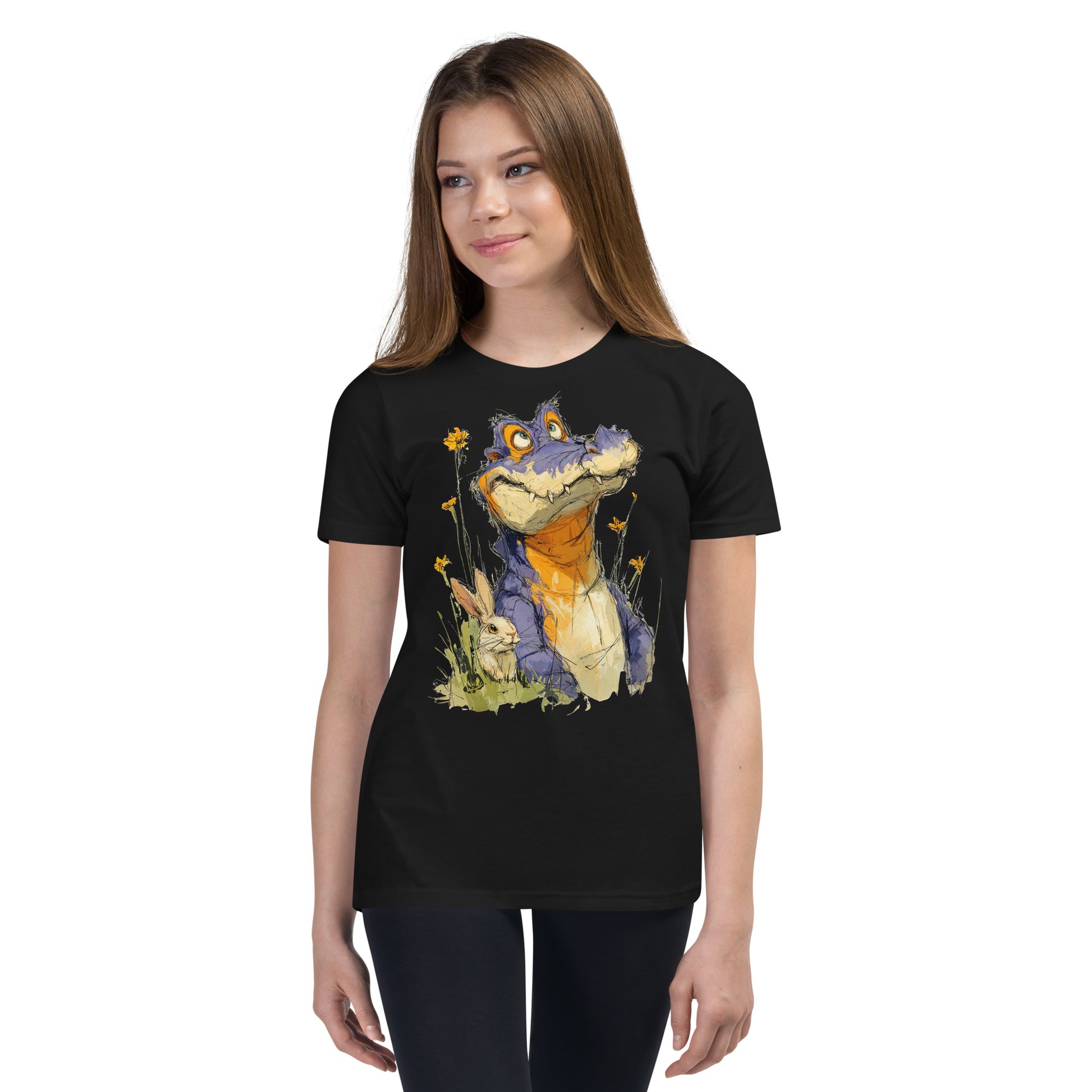 Product mockup. Ultra-soft premium youth black t-shirt featuring whimsical colorful illustration of a playful purple and orange alligator sitting in grass next to a small rabbit and yellow wildflowers, modeled on young girl.