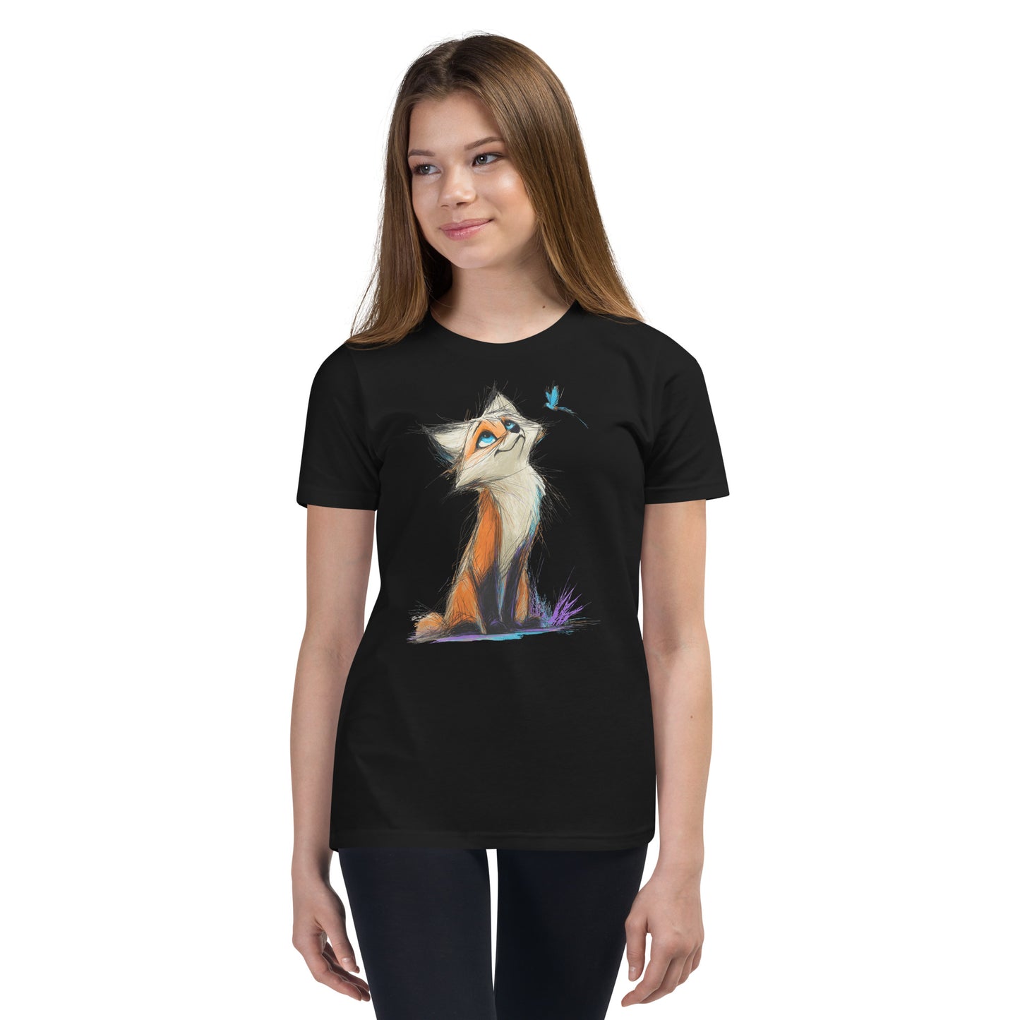 Product mockup. Ultra-soft premium youth black t-shirt featuring artistic colorful illustration of a curious fox looking up at a small blue butterfly, modeled on young girl.