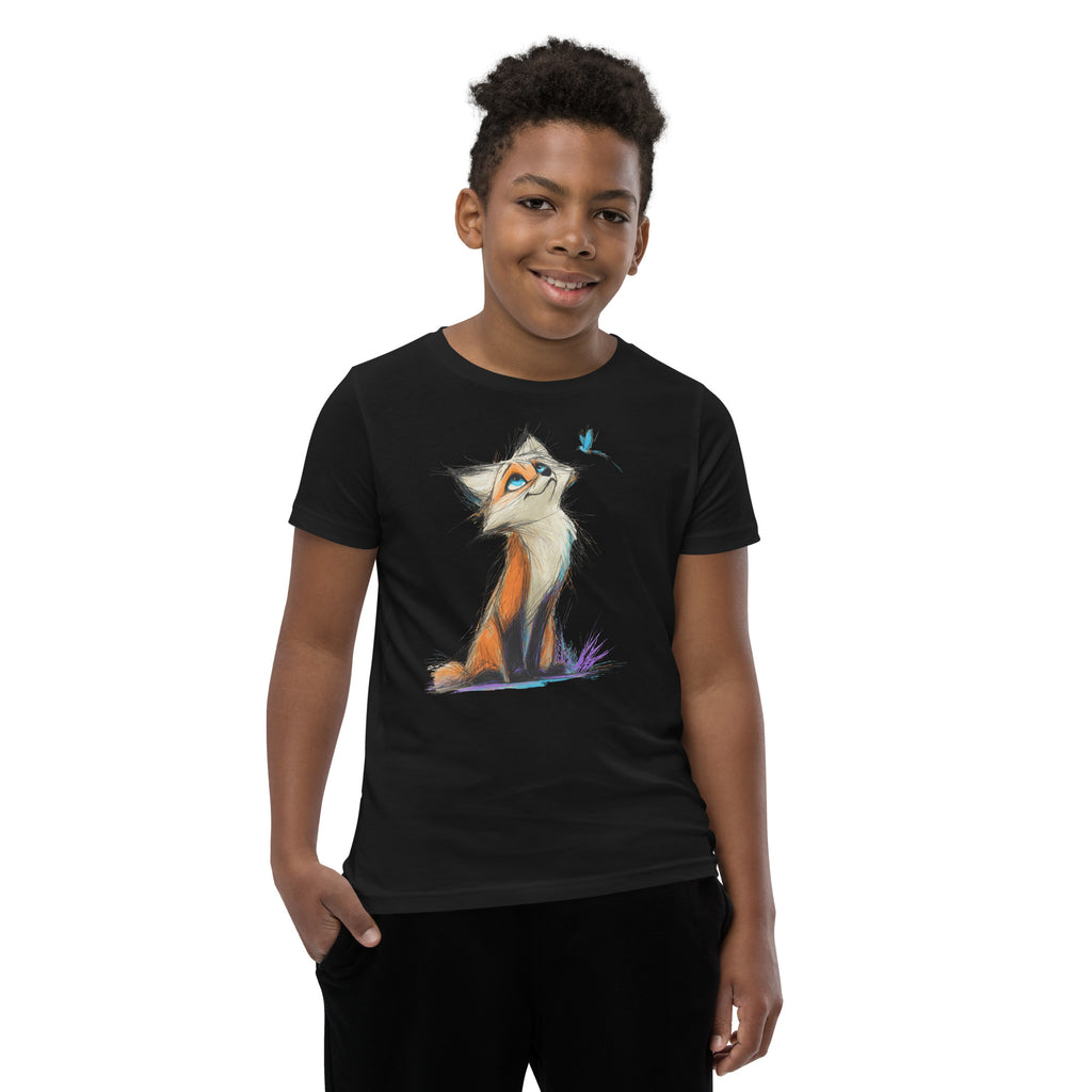 Product mockup. Ultra-soft premium youth black t-shirt featuring artistic colorful illustration of a curious fox looking up at a small blue butterfly, modeled on young boy.
