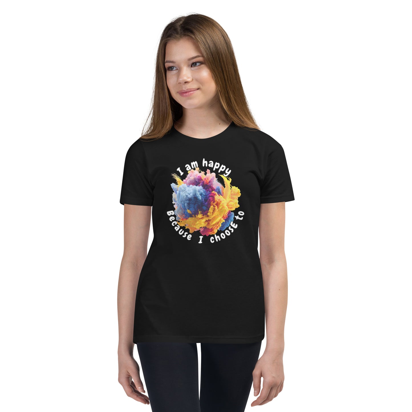 Product mockup. Ultra-soft premium black t-shirt featuring vibrant multicolor abstract explosion graphic with text 'I am happy Because I choose to' printed in curved style around the design, modeled on young woman.