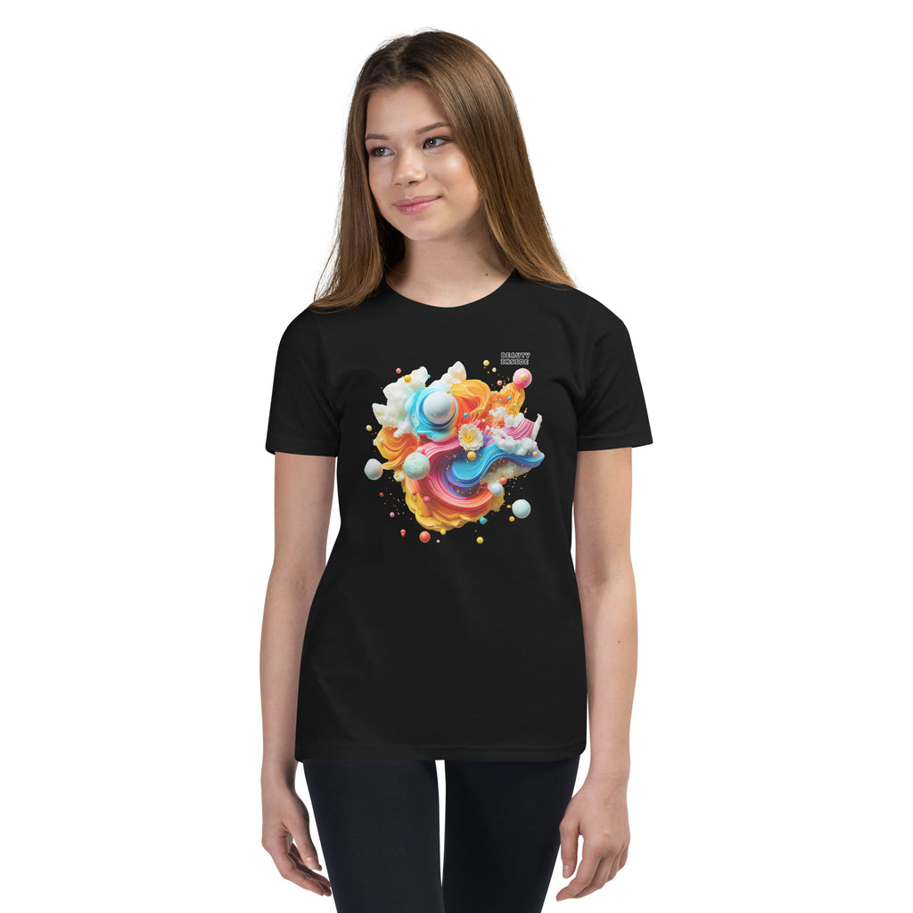 Product mockup. A young girl wearing a black youth ultra-soft premium t-shirt with a colorful, abstract modern art design on the front. The design includes vibrant swirls and spheres in blue, pink, orange, yellow, and white, with a small 'BEAUTY INSIDE' text near the upper right part of the graphic. She is paired with black leggings and looking slightly to the side with a subtle smile.