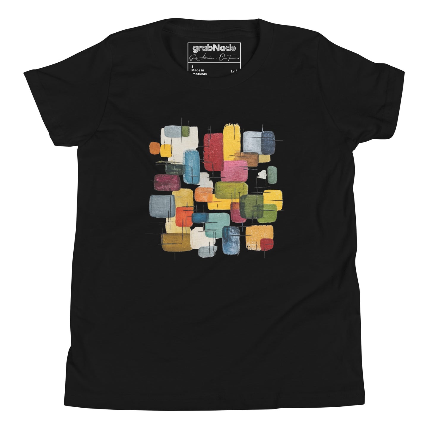 Product mockup. A layed out black, short-sleeve t-shirt with a large, colorful abstract design on the front. The design features overlapping rounded rectangles in red, yellow, teal, blue, green, and orange, with fine black sketch lines, creating a playful and modern look. She is also wearing black leggings.