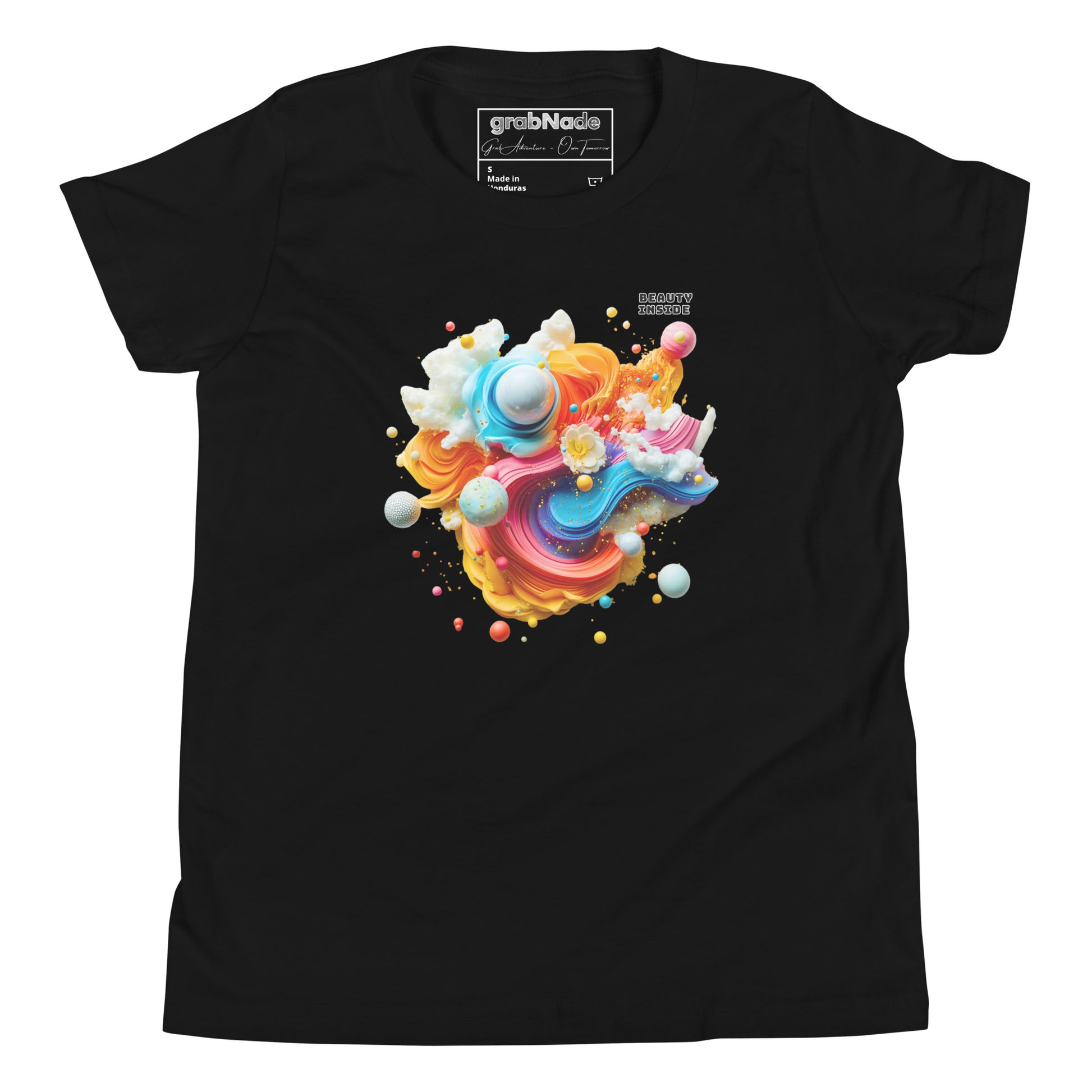 Product mockup. A black t-shirt featuring an abstract, swirling art design at the center with vibrant strokes of yellow, orange, blue, and pink, adorned with playful 3D spheres, clouds, and flowers. Near the top right of the design, black block text reads, 'BEAUTY INSIDE.
