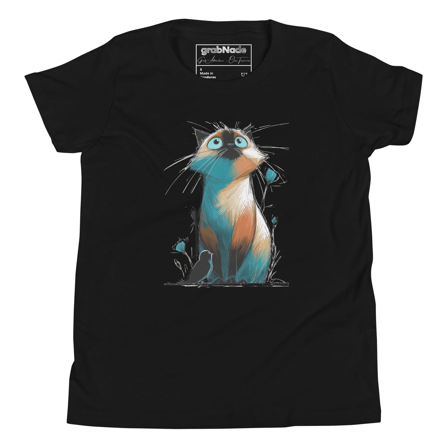 Product mockup. A black t‑shirt featuring a whimsical, sketch-style illustration of a wide‑eyed cat with teal and orange shading sitting among delicate buds, while a small black bird rests at its feet, creating a playful yet gentle scene on a clean background.