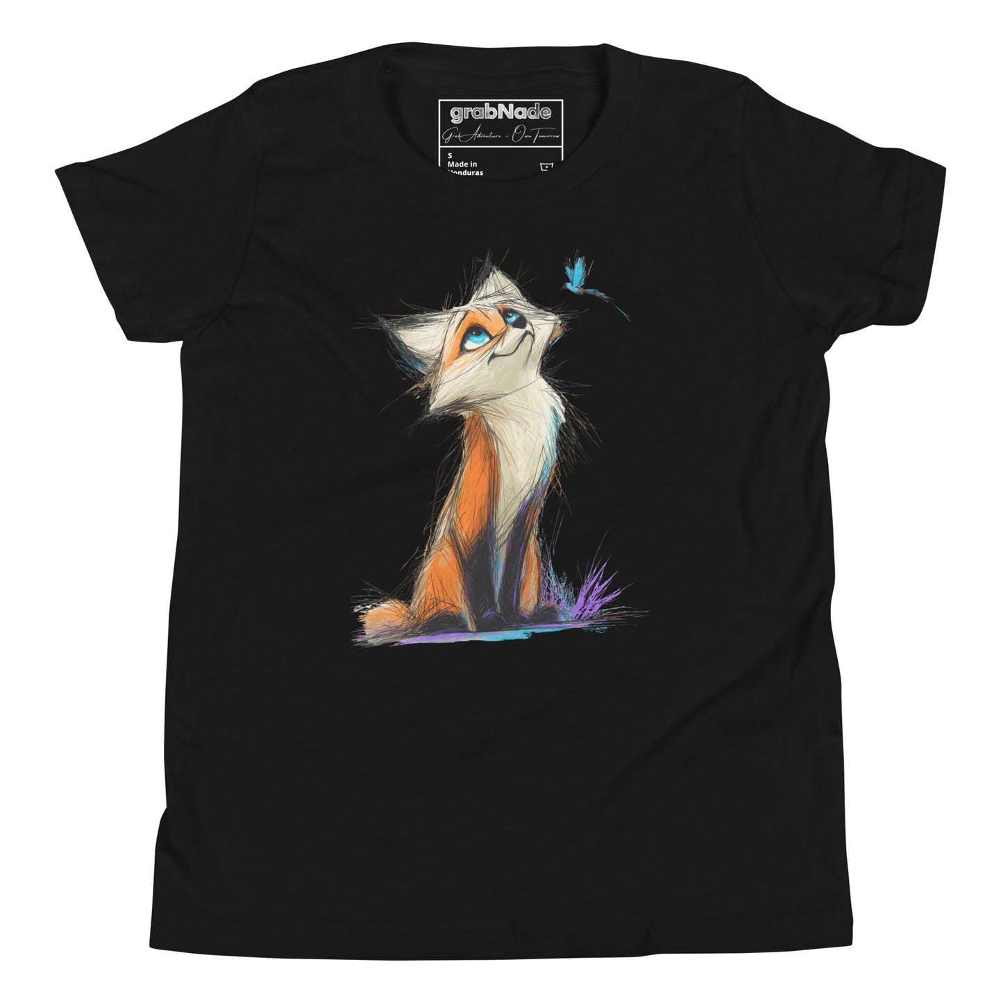 Product mockup. A black t-shirt featuring a lively, sketch-style illustration of a bright-eyed fox with rich orange and white fur, gazing upward with curiosity at a small blue butterfly hovering above its nose. The scene is set against a plain background, highlighting the whimsical and gentle interaction between the two characters.