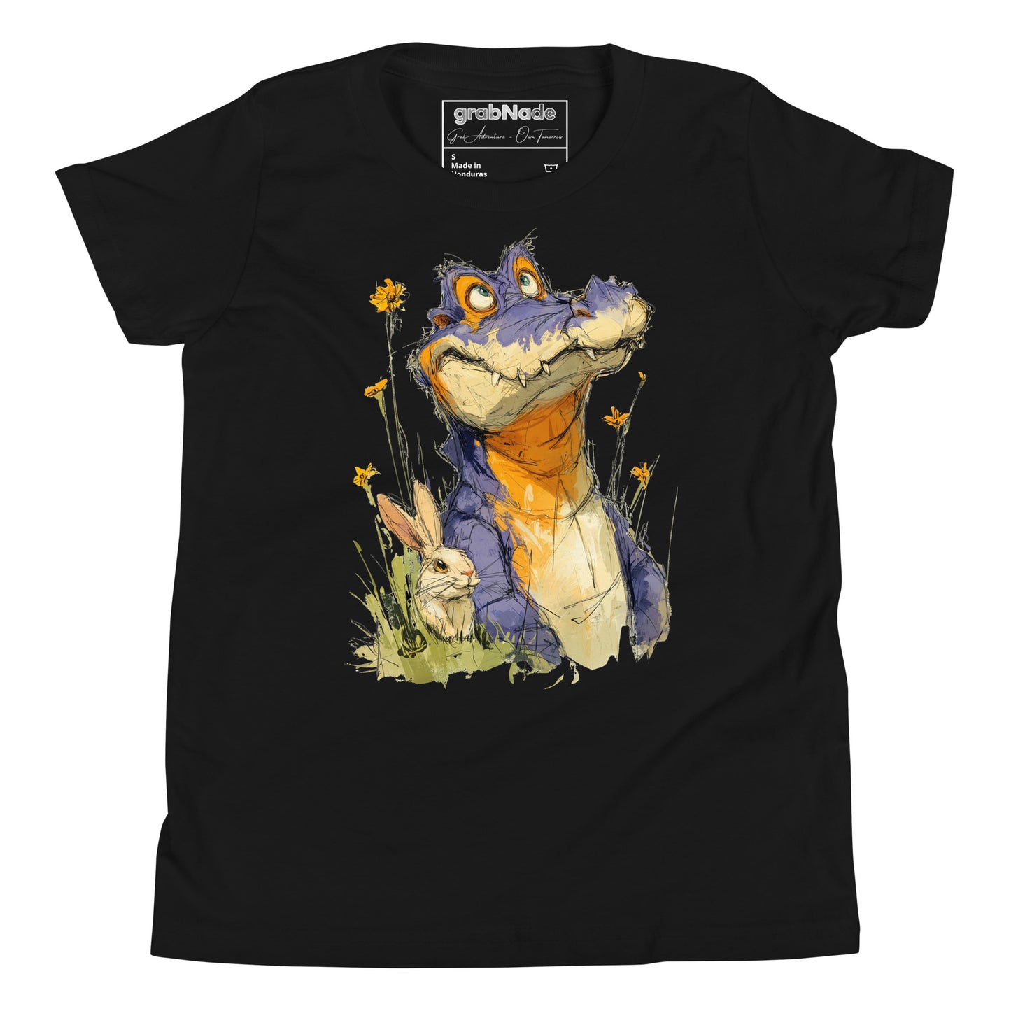 Product mockup. A playful, sketch-style illustration of a cheerful purple alligator with bright orange accents sitting in tall grass and wildflowers, accompanied by a white rabbit nestled by its side. Both characters feature expressive faces and are set against a plain black t-shirt background, creating a whimsical and friendly scene.