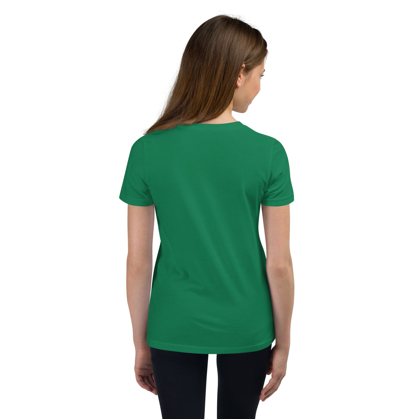 Product mockup. A girl shown from behind wearing a plain green, short-sleeve, fitted t-shirt and black leggings. Her straight brown hair falls over her shoulders, and the back of the shirt has no visible design or graphics.
