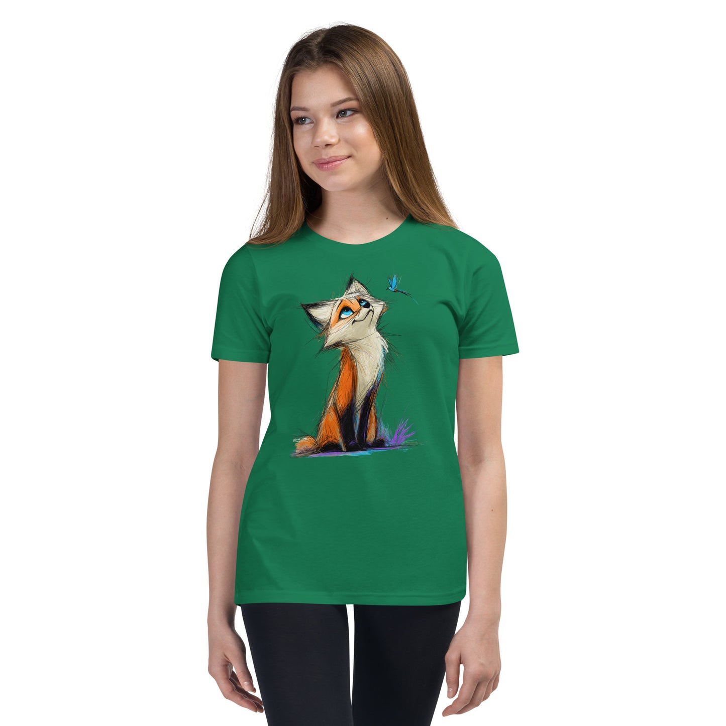 Product mockup. Ultra-soft premium youth green t-shirt featuring artistic colorful illustration of a curious fox looking up at a small blue butterfly, modeled on young girl.