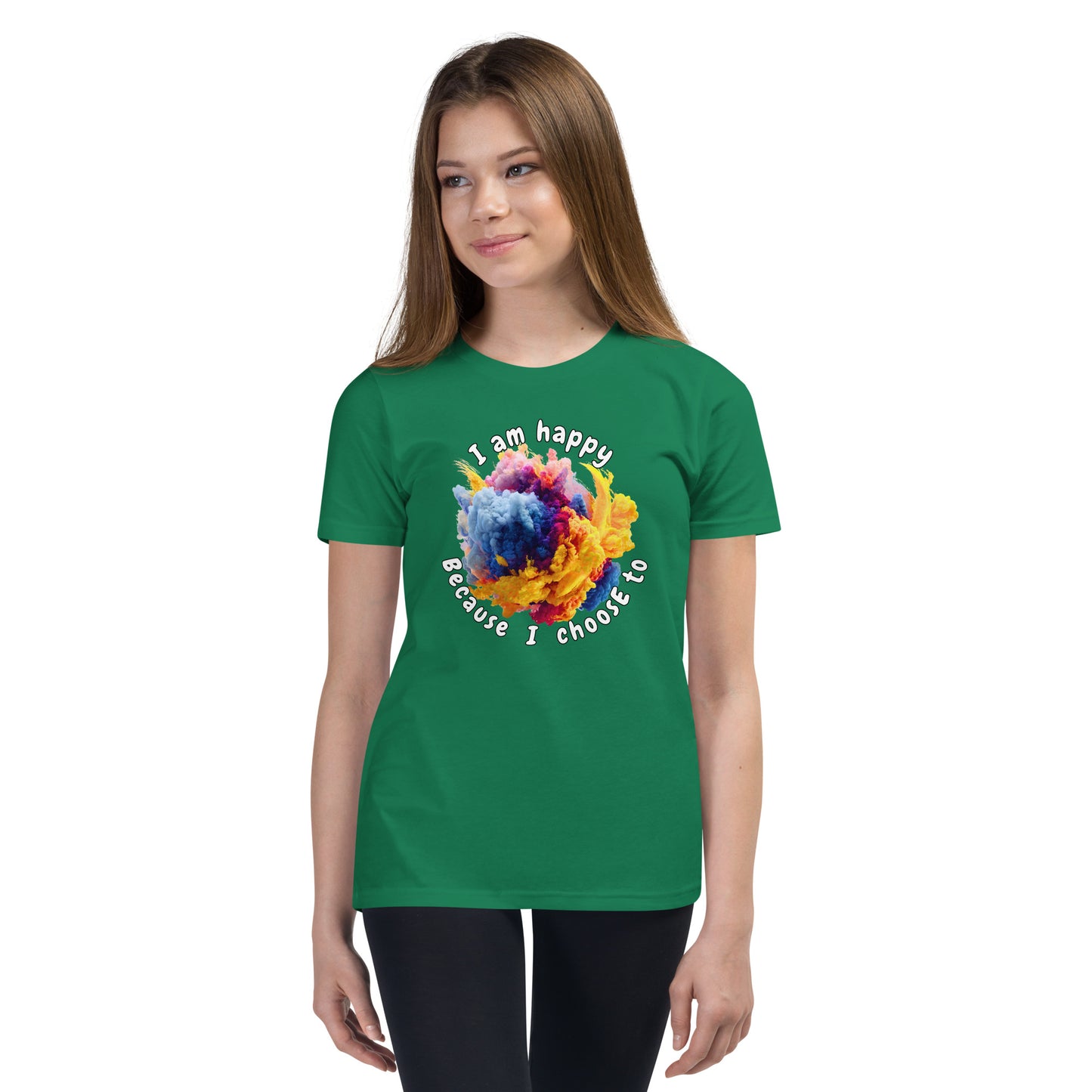 Product mockup. Ultra-soft premium green t-shirt featuring vibrant multicolor abstract explosion graphic with text 'I am happy Because I choose to' printed in curved style around the design, modeled on young woman.