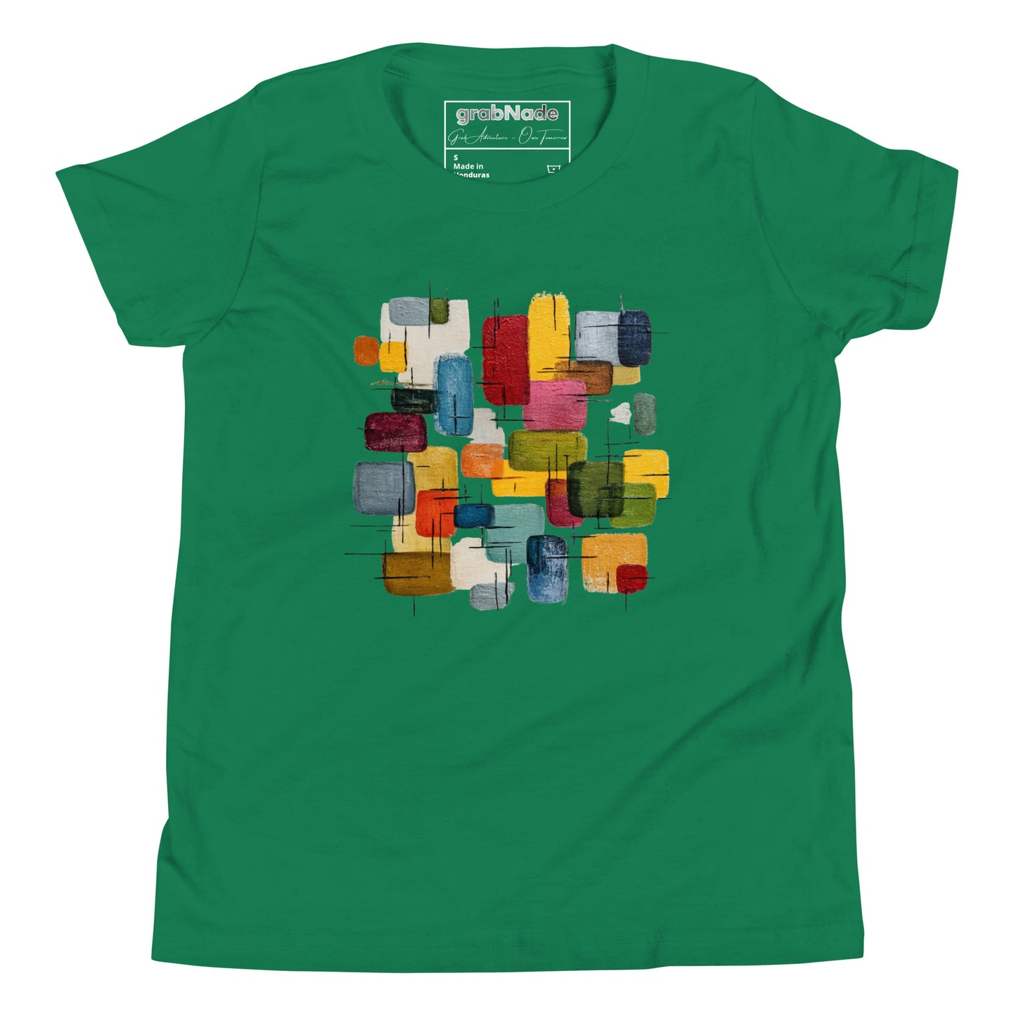 Product mockup. A layed out green, short-sleeve t-shirt with a large, colorful abstract design on the front. The design features overlapping rounded rectangles in red, yellow, teal, blue, green, and orange, with fine black sketch lines, creating a playful and modern look. She is also wearing black leggings.