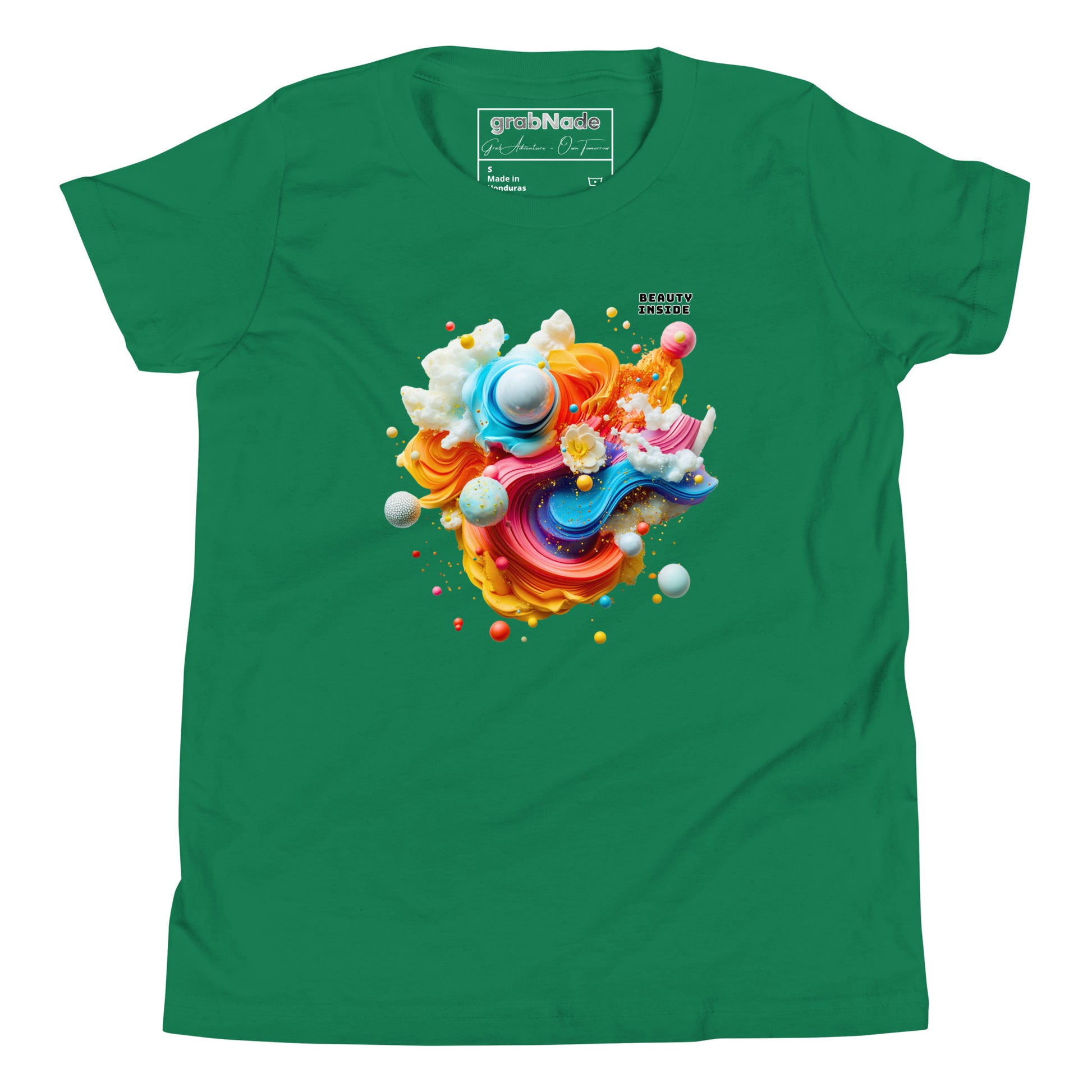 Product mockup. A green t-shirt featuring an abstract, swirling art design at the center with vibrant strokes of yellow, orange, blue, and pink, adorned with playful 3D spheres, clouds, and flowers. Near the top right of the design, black block text reads, 'BEAUTY INSIDE.