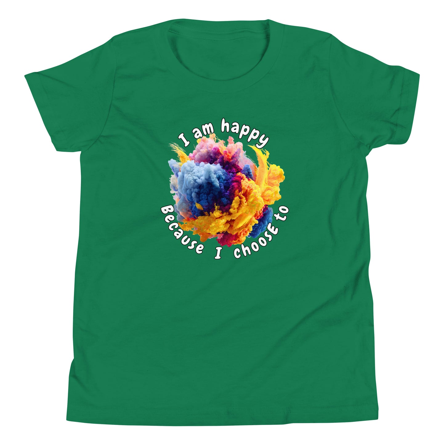 Product mockup. A green t-shirt featuring a vibrant circular burst of colorful smoke in shades of blue, purple, pink, and yellow at the center. Surrounding the smoke design is curved text that reads, 'I am happy Because I choose to,' in a playful, rounded font.