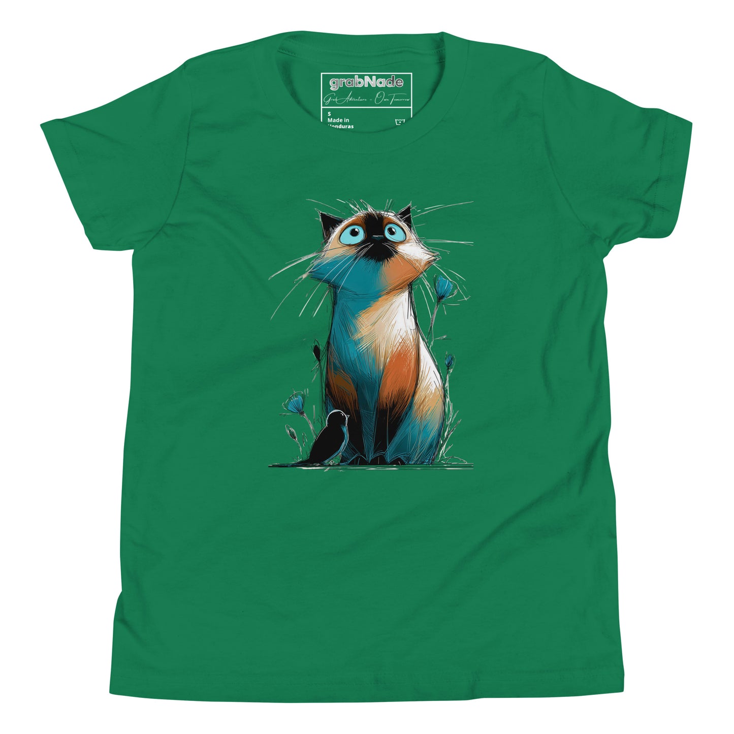 Product mockup. A green t‑shirt featuring a whimsical, sketch-style illustration of a wide‑eyed cat with teal and orange shading sitting among delicate buds, while a small black bird rests at its feet, creating a playful yet gentle scene on a clean background.