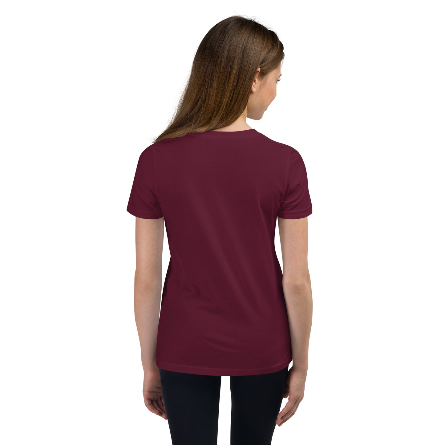 Product mockup. A girl shown from behind wearing a plain maroon, short-sleeve, fitted t-shirt and black leggings. Her straight brown hair falls over her shoulders, and the back of the shirt has no visible design or graphics.