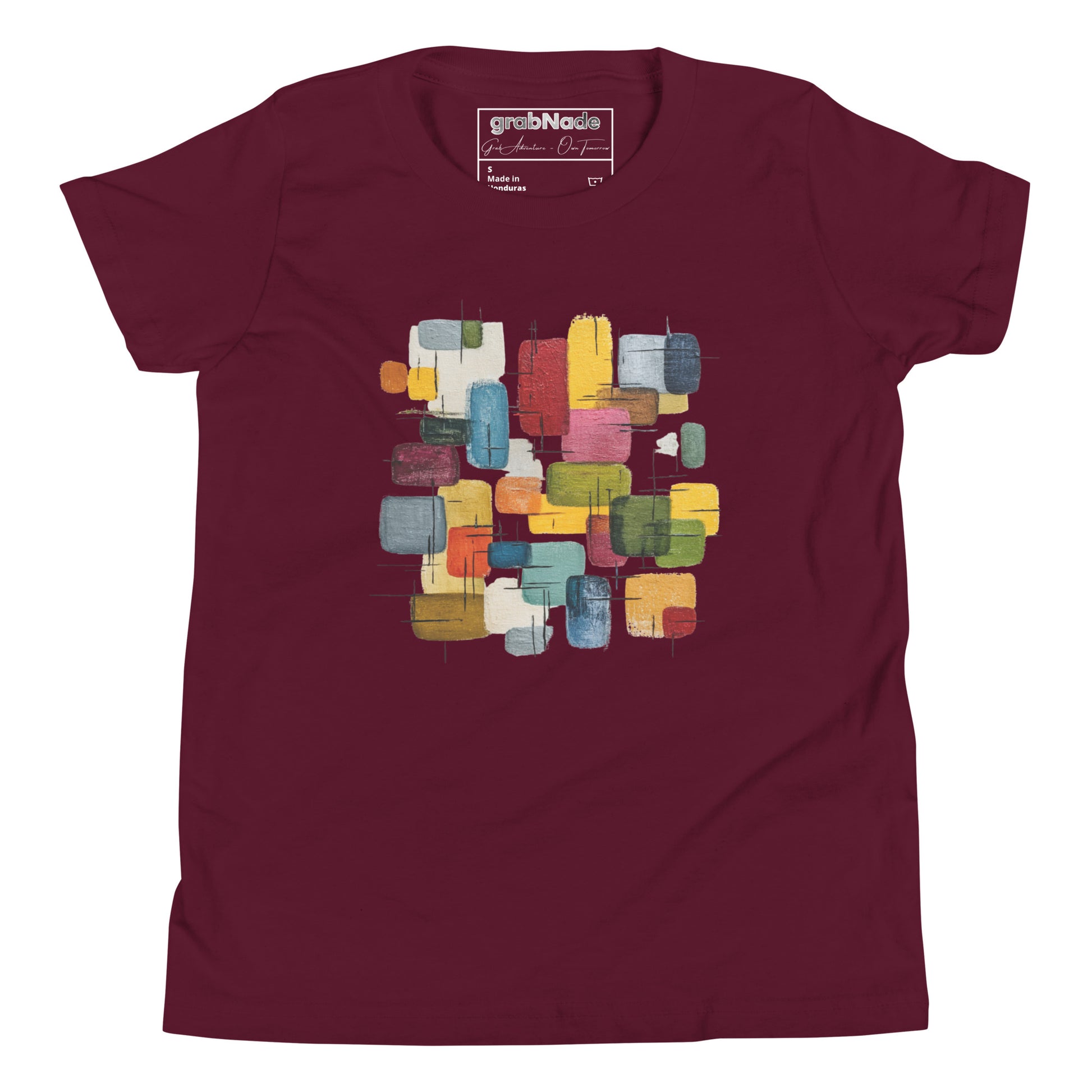 Product mockup. A layed out maroon, short-sleeve t-shirt with a large, colorful abstract design on the front. The design features overlapping rounded rectangles in red, yellow, teal, blue, green, and orange, with fine black sketch lines, creating a playful and modern look. She is also wearing black leggings.