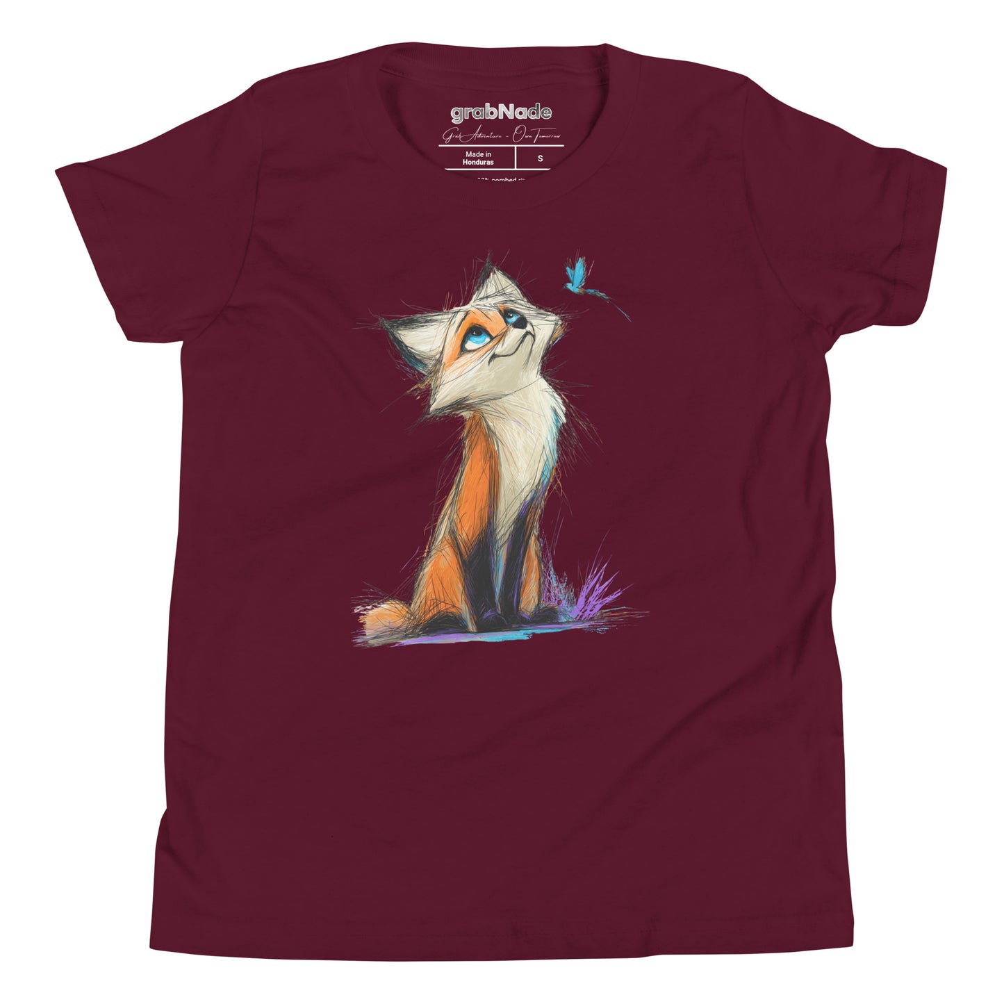 Product mockup. A maroon t-shirt featuring a lively, sketch-style illustration of a bright-eyed fox with rich orange and white fur, gazing upward with curiosity at a small blue butterfly hovering above its nose. The scene is set against a plain background, highlighting the whimsical and gentle interaction between the two characters.