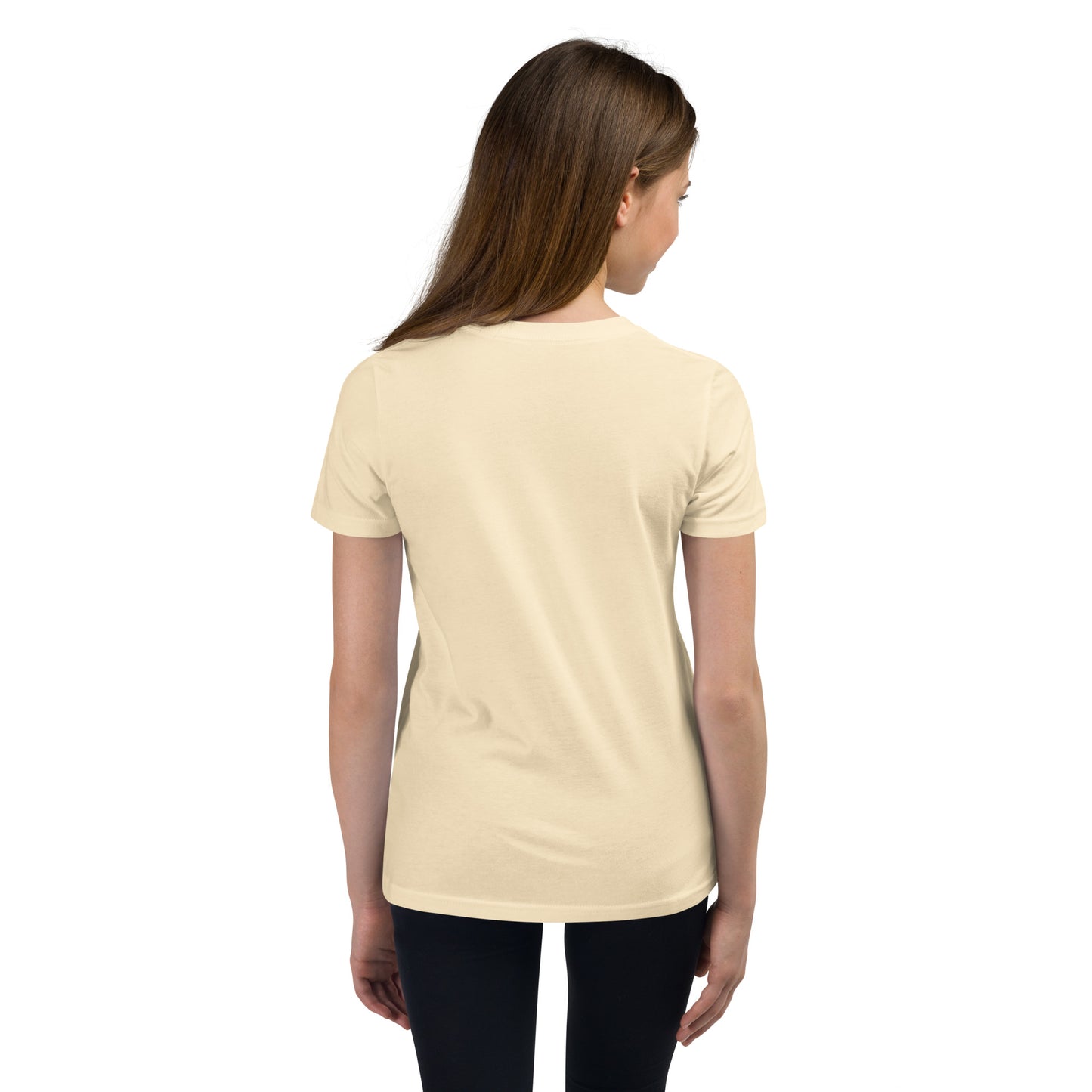 Product mockup. A girl shown from behind wearing a plain beige, short-sleeve, fitted t-shirt and black leggings. Her straight brown hair falls over her shoulders, and the back of the shirt has no visible design or graphics.