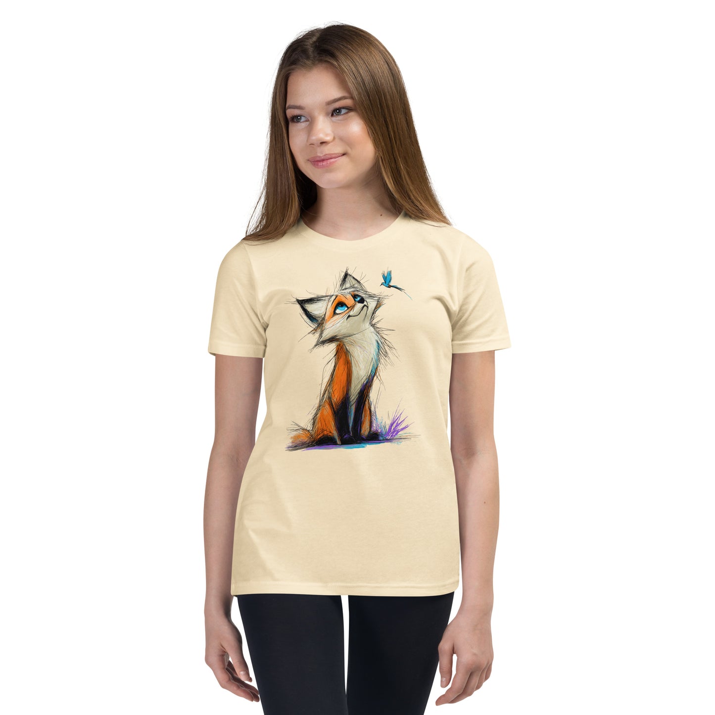 Product mockup. Ultra-soft premium youth natural t-shirt featuring artistic colorful illustration of a curious fox looking up at a small blue butterfly, modeled on young girl.