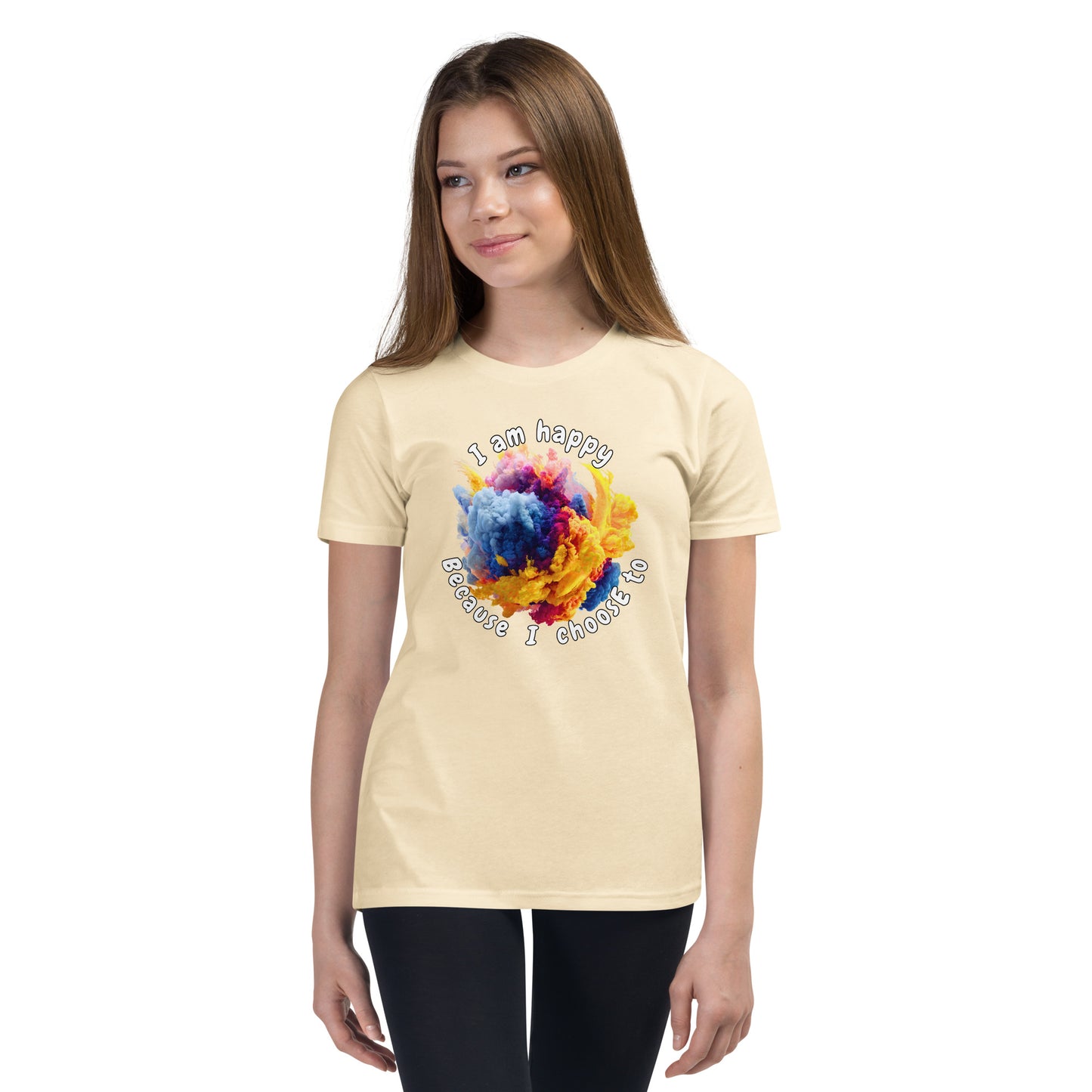 Product mockup. Ultra-soft premium natural t-shirt featuring vibrant multicolor abstract explosion graphic with text 'I am happy Because I choose to' printed in curved style around the design, modeled on young woman.