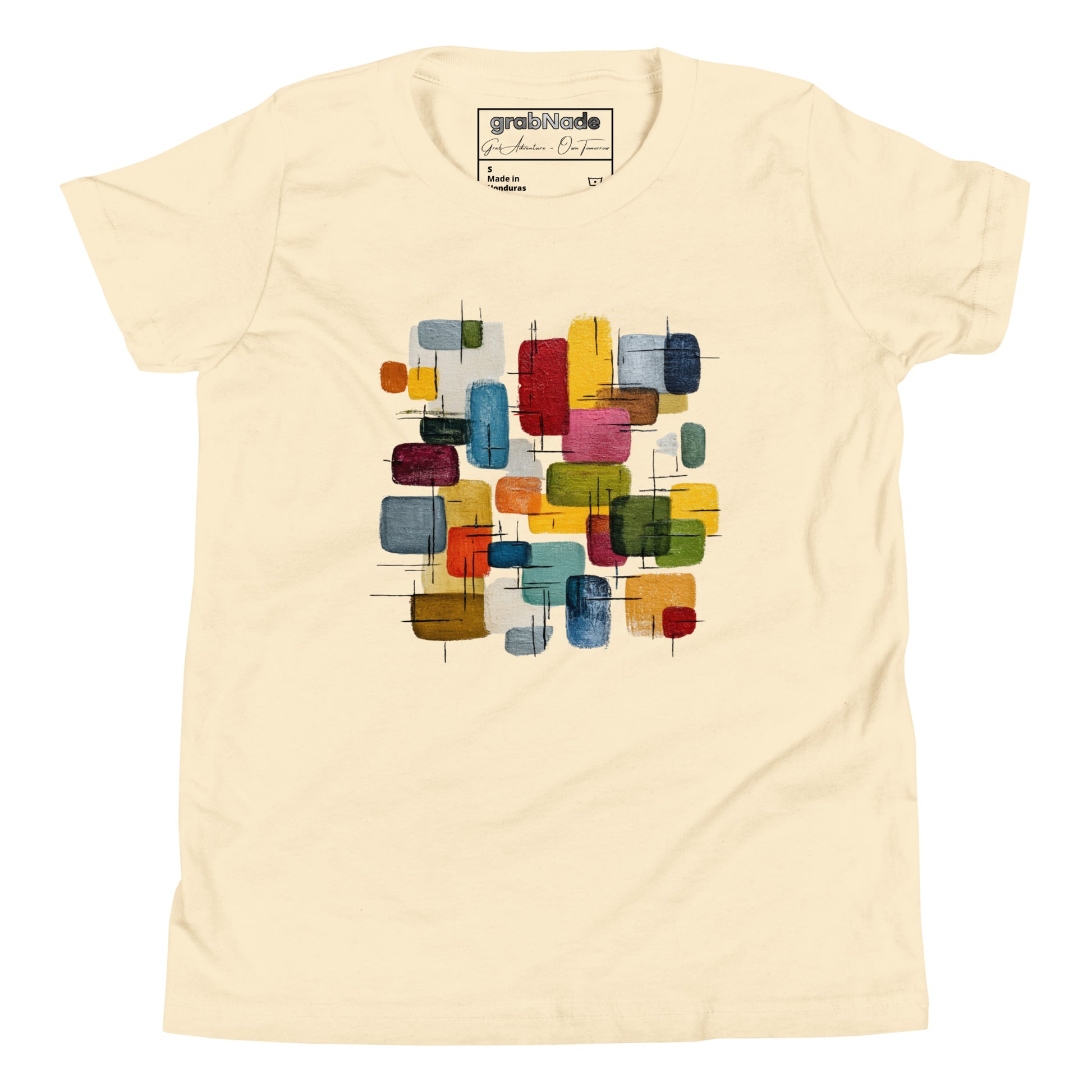 Product mockup. A layed out beige, short-sleeve t-shirt with a large, colorful abstract design on the front. The design features overlapping rounded rectangles in red, yellow, teal, blue, green, and orange, with fine black sketch lines, creating a playful and modern look. She is also wearing black leggings.