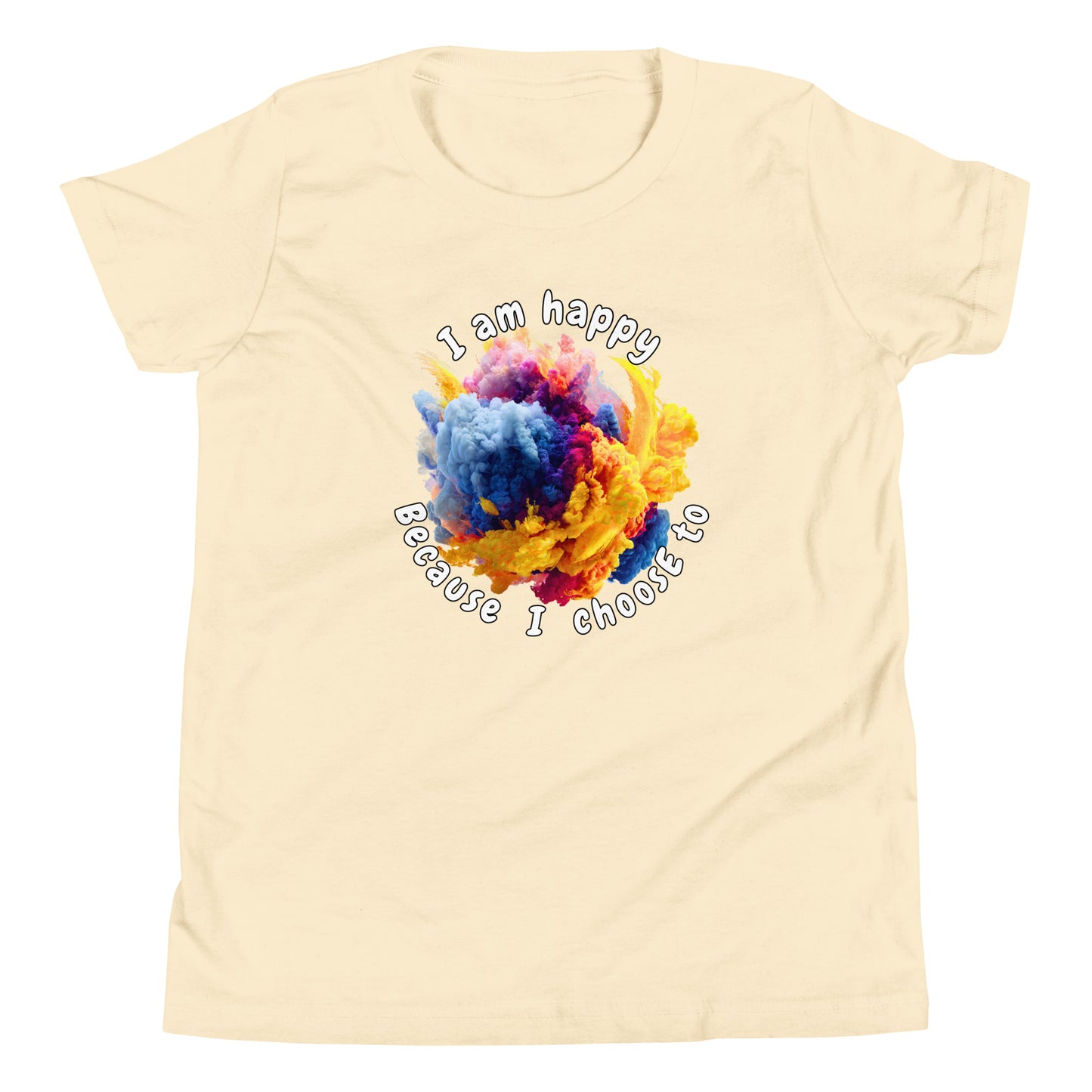 Product mockup. A cream-colored t-shirt featuring a vibrant circular burst of colorful smoke in shades of blue, purple, pink, and yellow at the center. Surrounding the smoke design is curved text that reads, 'I am happy Because I choose to,' in a playful, rounded font.