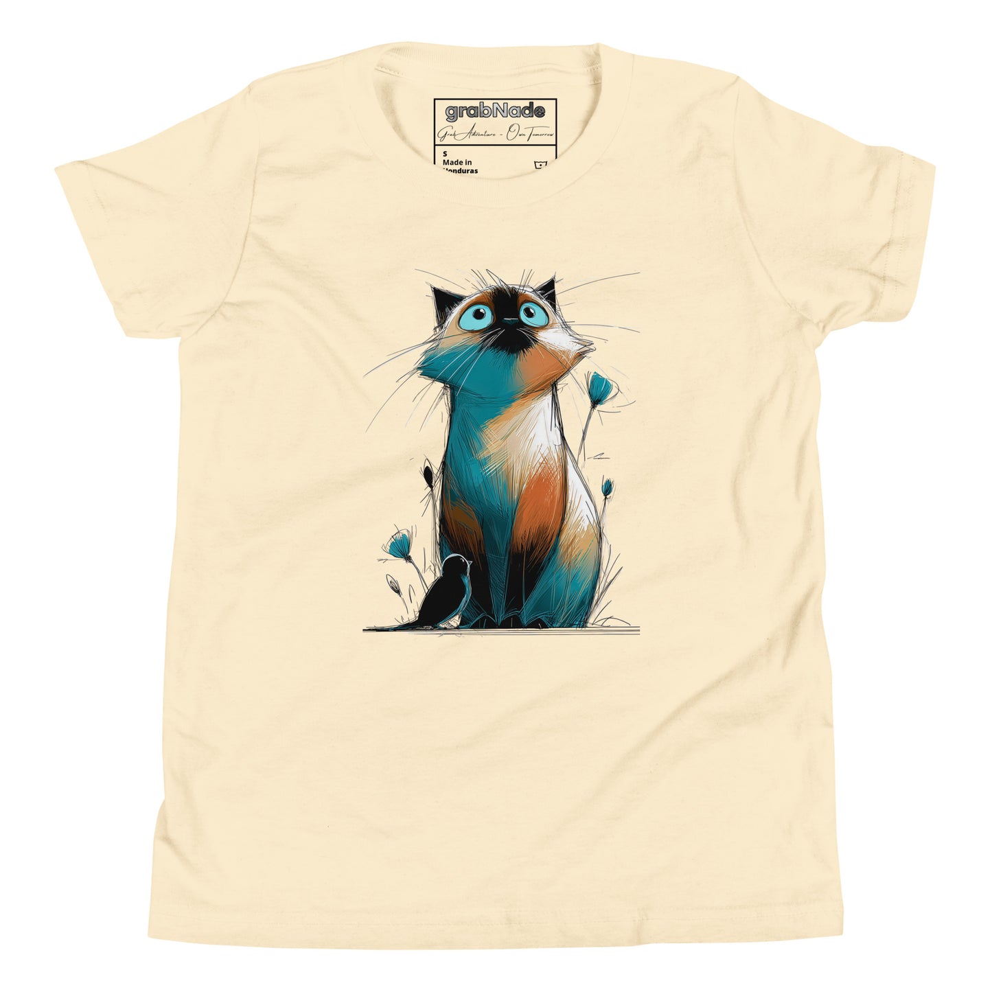 Product mockup. A beige t‑shirt featuring a whimsical, sketch-style illustration of a wide‑eyed cat with teal and orange shading sitting among delicate buds, while a small black bird rests at its feet, creating a playful yet gentle scene on a clean background.