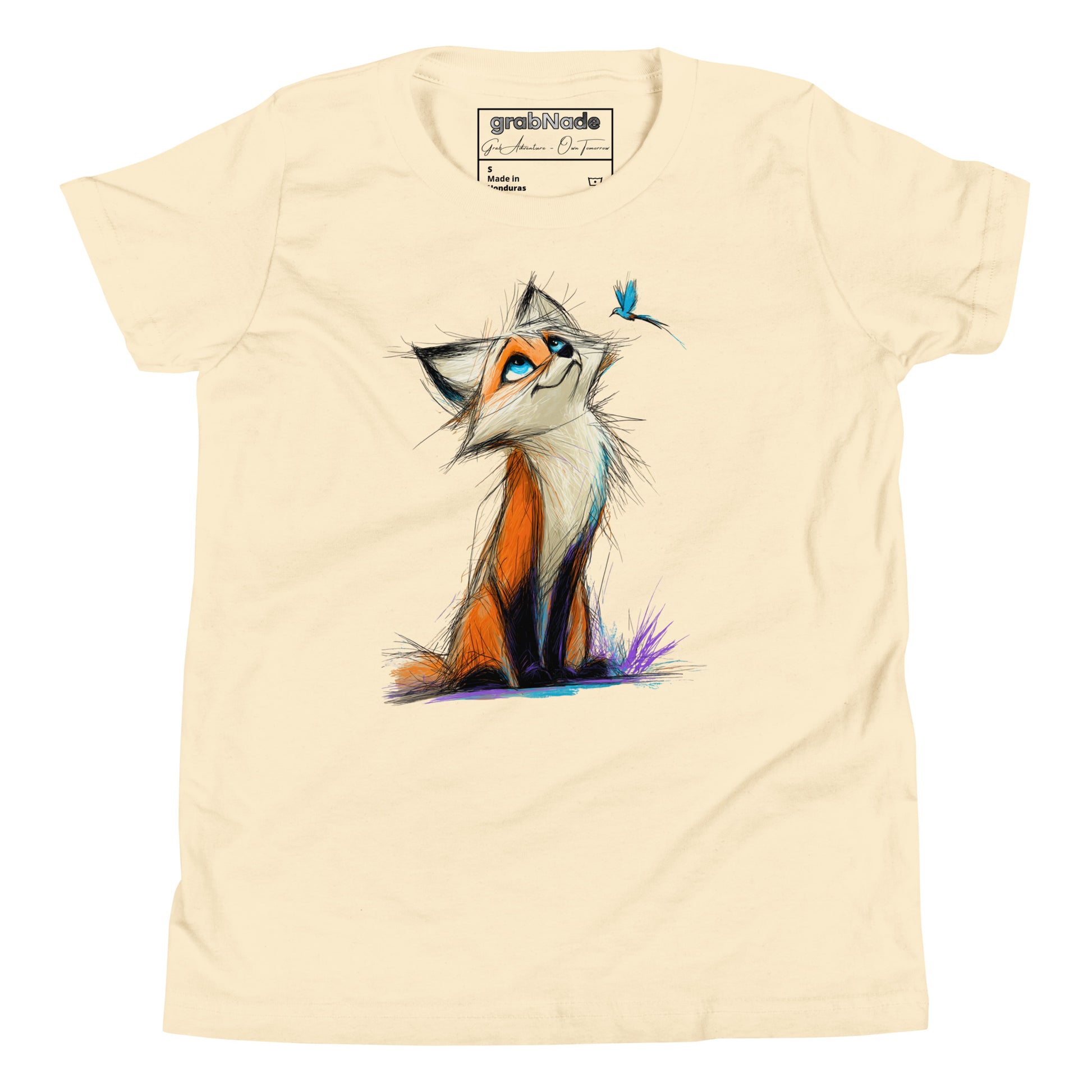 Product mockup. A beige t-shirt featuring a lively, sketch-style illustration of a bright-eyed fox with rich orange and white fur, gazing upward with curiosity at a small blue butterfly hovering above its nose. The scene is set against a plain background, highlighting the whimsical and gentle interaction between the two characters.