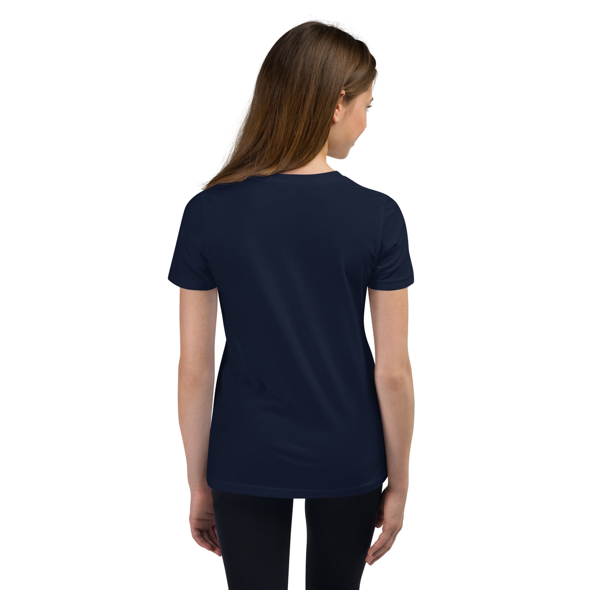 Product mockup. A girl shown from behind wearing a plain navy blue, short-sleeve, fitted t-shirt and black leggings. Her straight brown hair falls over her shoulders, and the back of the shirt has no visible design or graphics.